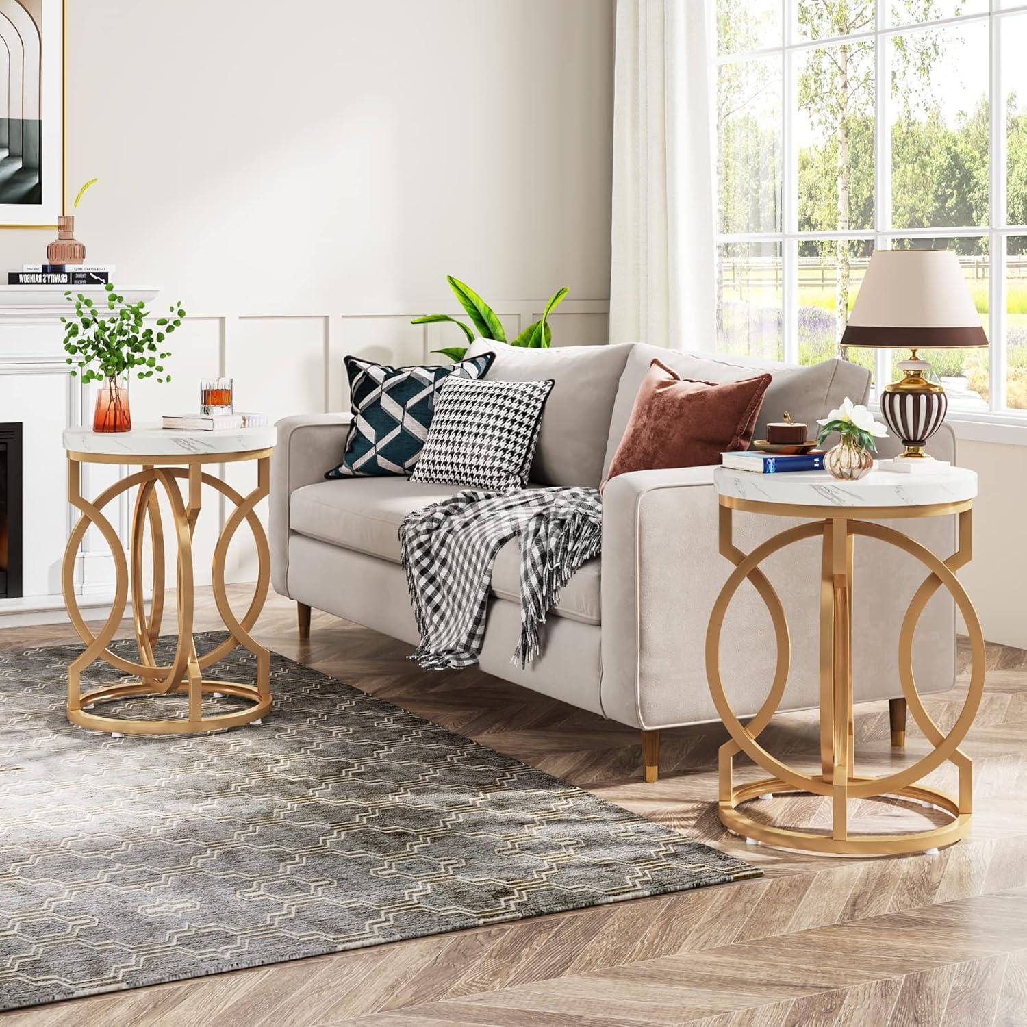 Tribesigns Morden Round End Table with Faux Marble White Top, 20" Sofa Side Table Coffee Table Cocktail Table with Unique Gold O-shaped Base for Living Room Bedroom