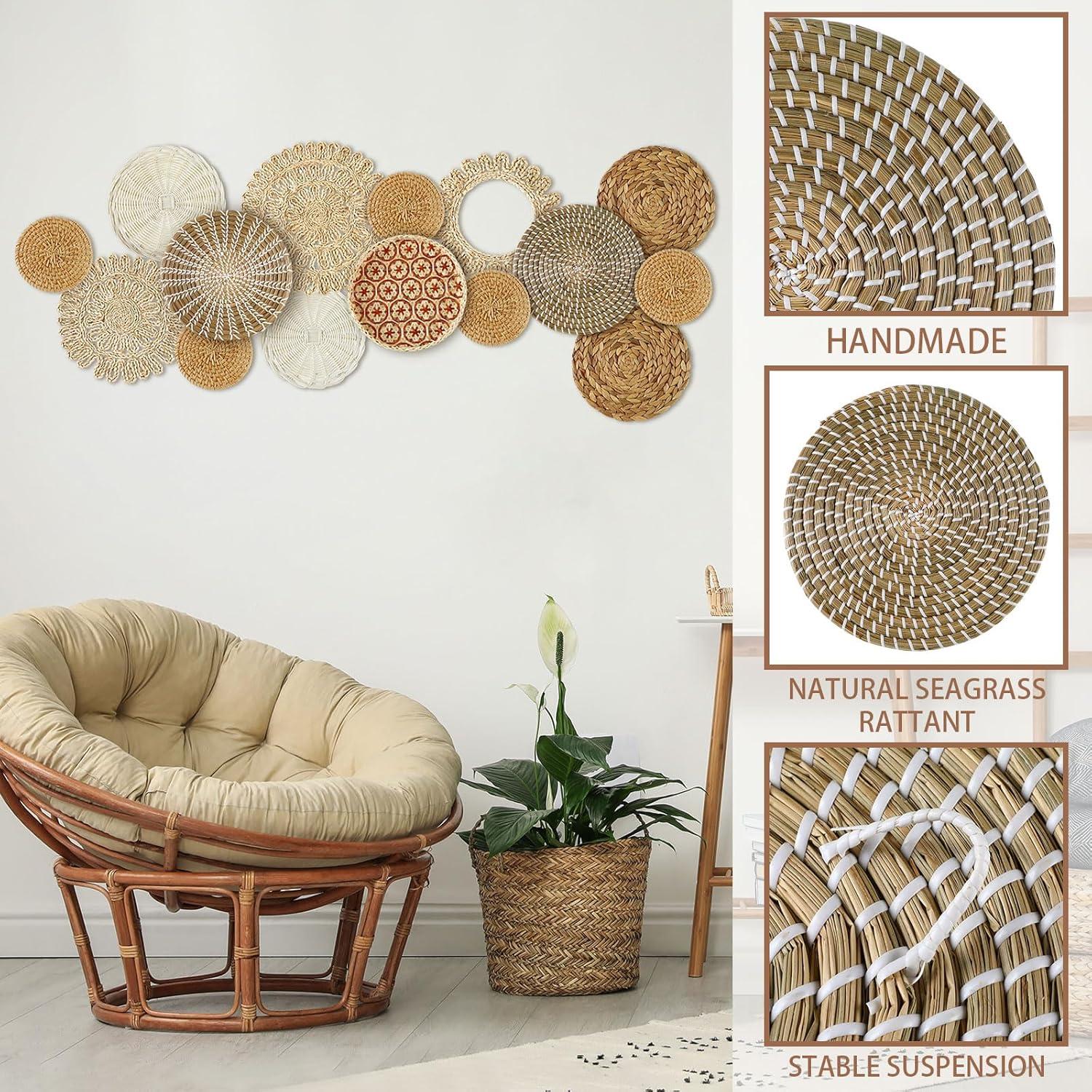 Bungalow Rose Siena 15 Pcs Boho Siena Hanging Woven Sienaative Rustic Handcrafted Seagrass Baskets Round Woven Hanging Art For Home Farmhouse Kitchen Table Living Room