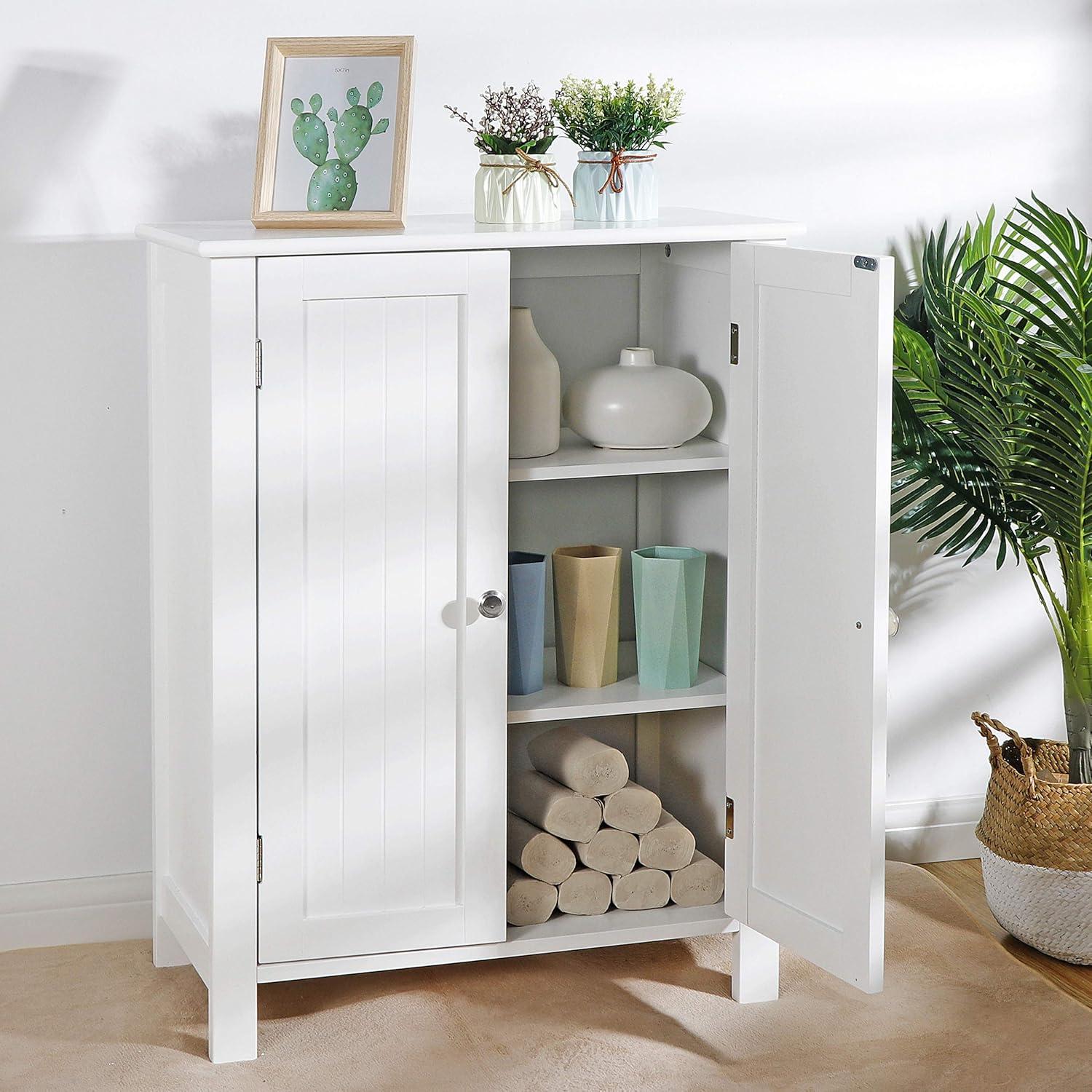 White MDF Bathroom Floor Cabinet with Adjustable Shelves