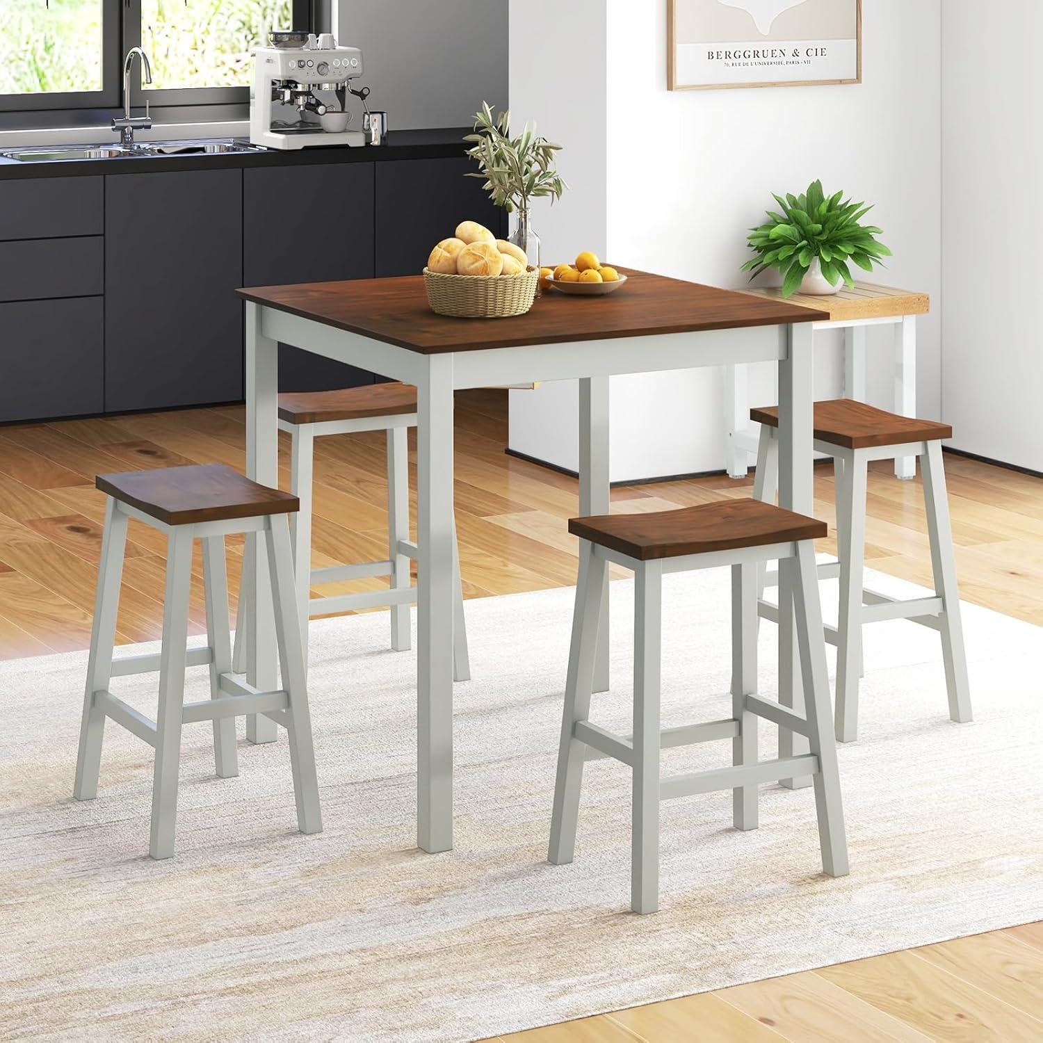 Gray and Walnut 5-Piece Counter Height Dining Set with Saddle Stools