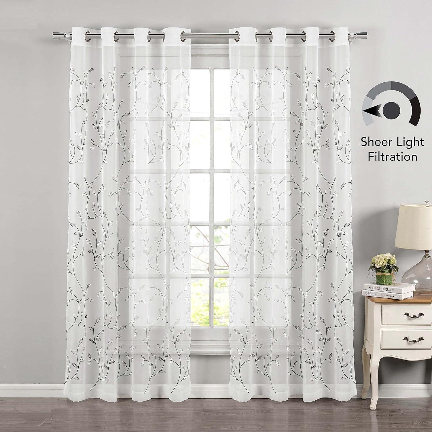 Grommet Curtain Panel, Embroidered Sheer Extra-Wide, Silver 54" x 84"