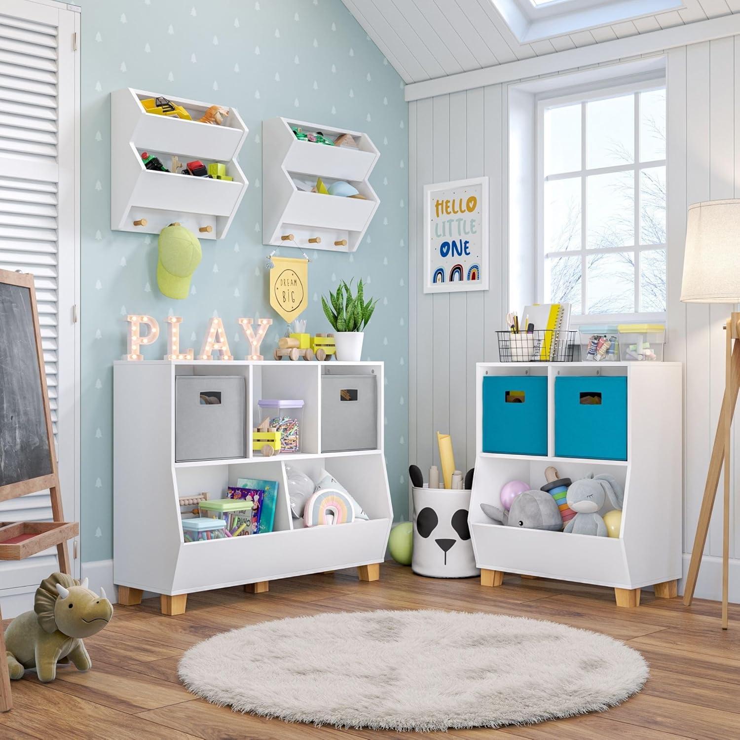 RiverRidge Kids' CatchAll Wall Bookshelf with 2 Toy Storage Cubbies and 3 Wooden Hooks White