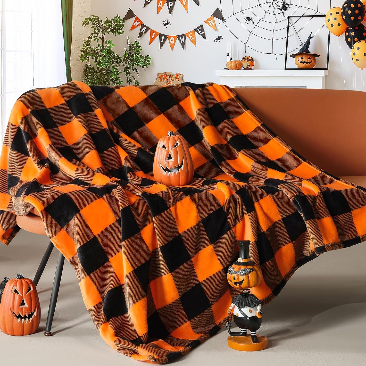 Orange and Black Buffalo Plaid Fleece Throw Blanket