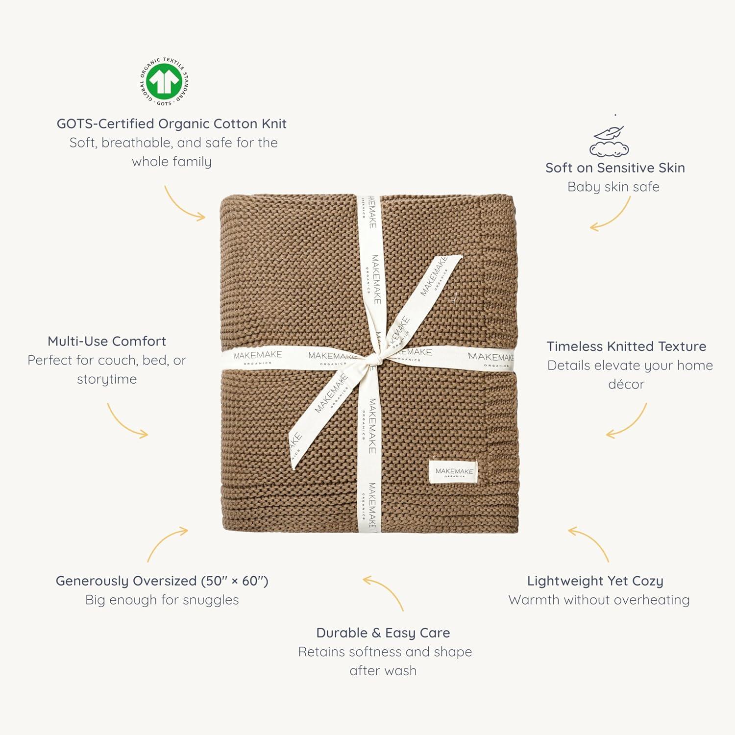 MakeMake Organics MakeMake Organics Organic Cotton Throw Blanket GOTS Certified Organic Knit Blanket Couch Bed Neutral Fall Colors Soft Cotton Throw Blanket Large (50x60, Sand)