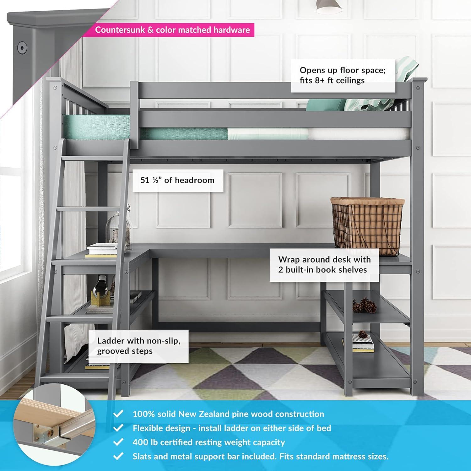 Max & Lily Loft Bed, Solid Wood Twin High Loft Bed with Bookcase and Desk for Kids, White