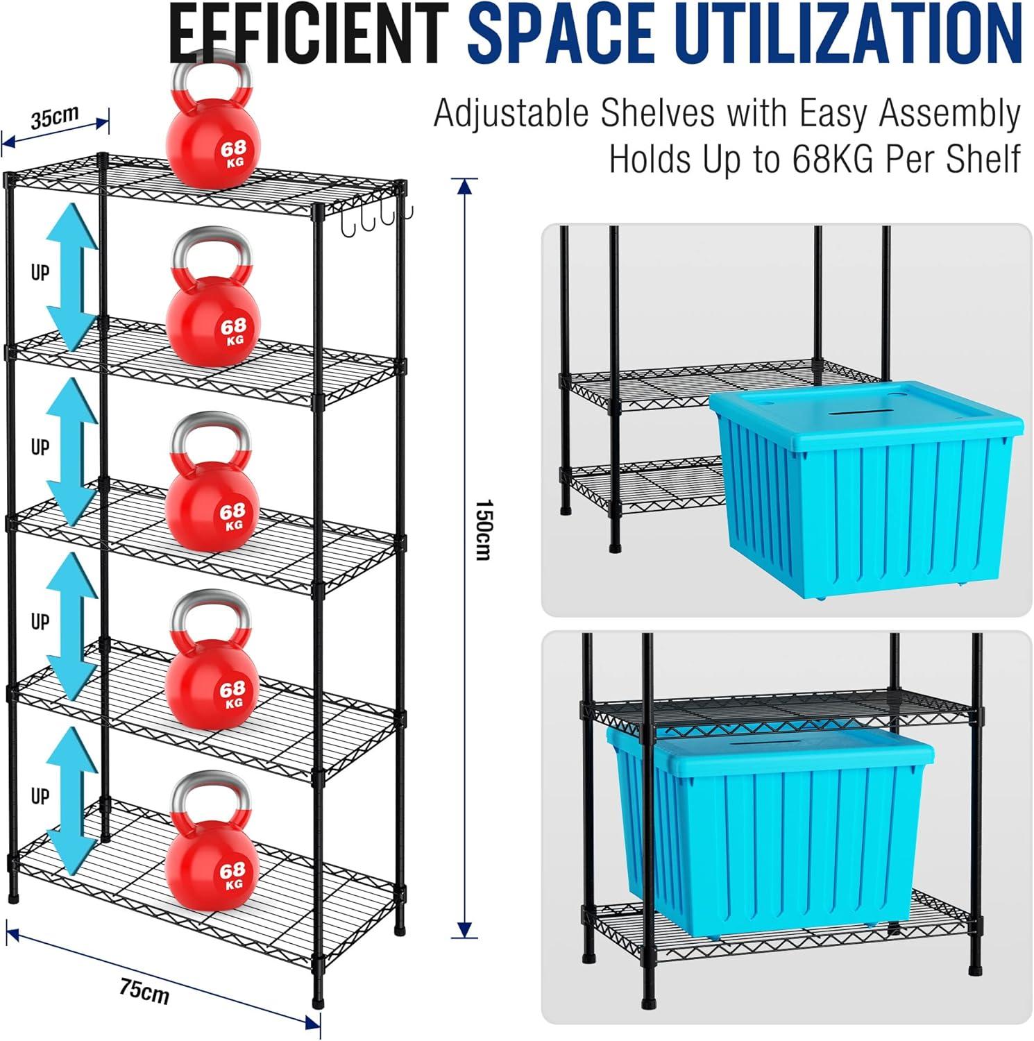 WORKPRO Storage Shelves, 5 Tier Metal Shelving Unit, Garage Wire Rack, Standing Adjustable Shelves with Hooks for Pantry Closet Kitchen Basement, 30" W x 14" D x 60" H, Capacity 750 LBS(Total)