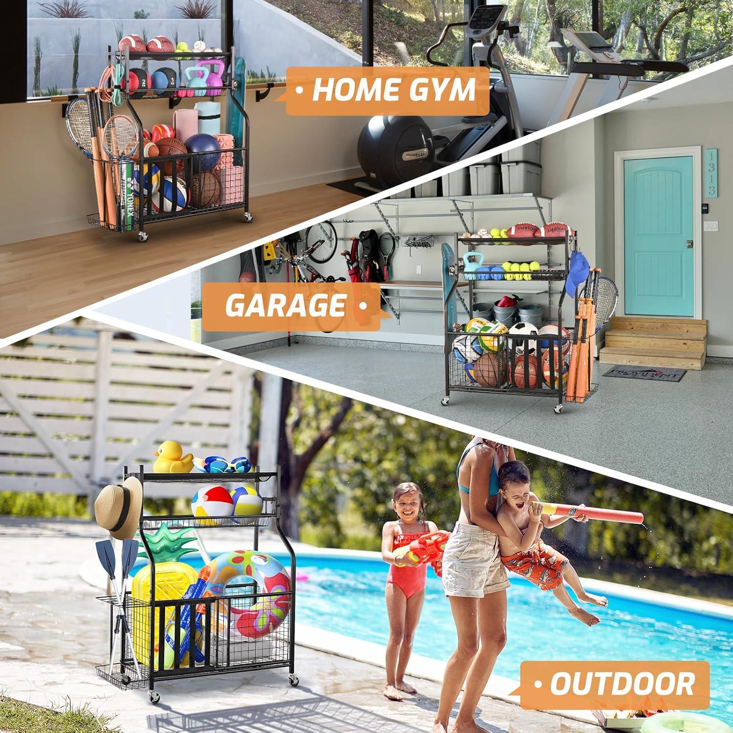 Mythinglogic Garage Storage System, Garage Organizer with Baskets and Hooks, Sports Equipment Organizer for Sports Gear/Toys,Garage Ball Storage