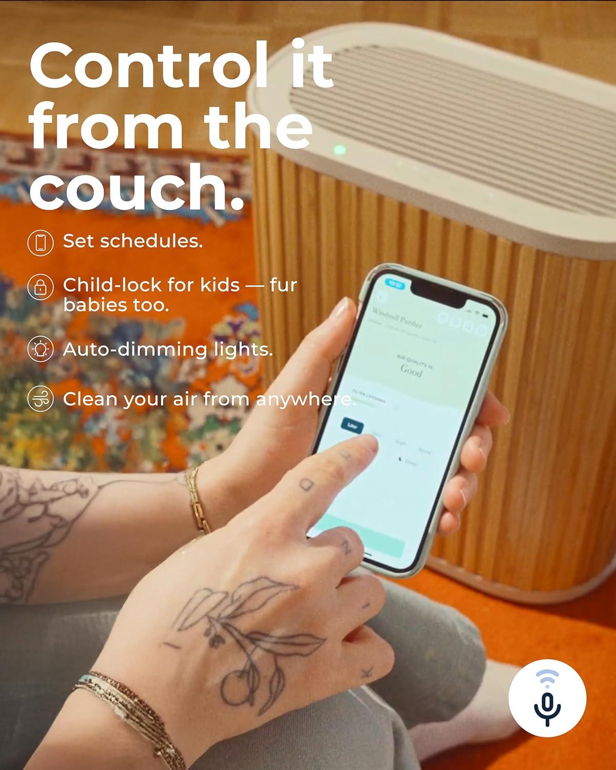 Windmill Windmill Smart Air Purifier for Home – Beautiful Modern Design – 3 in 1 with Medical Grade HEPA Activated Carbon Filter and Pre Filter – Quiet with White Noise Mode – Laser Sensor – Covers up to 1950 sq ft – Great for Smoke Dust Pets and Allergies