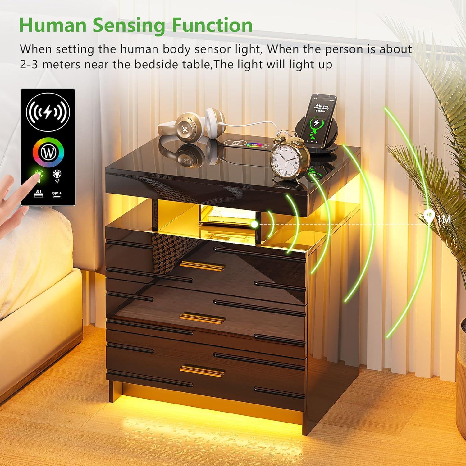 HNEBC Smart LED Nightstand with Wireless Charging & USB Ports, High Glossy Night Stand with 3 Drawers and 1 Pull-Out Tray, Modern Bedside Table with Human Sensor for Bedroom (White)