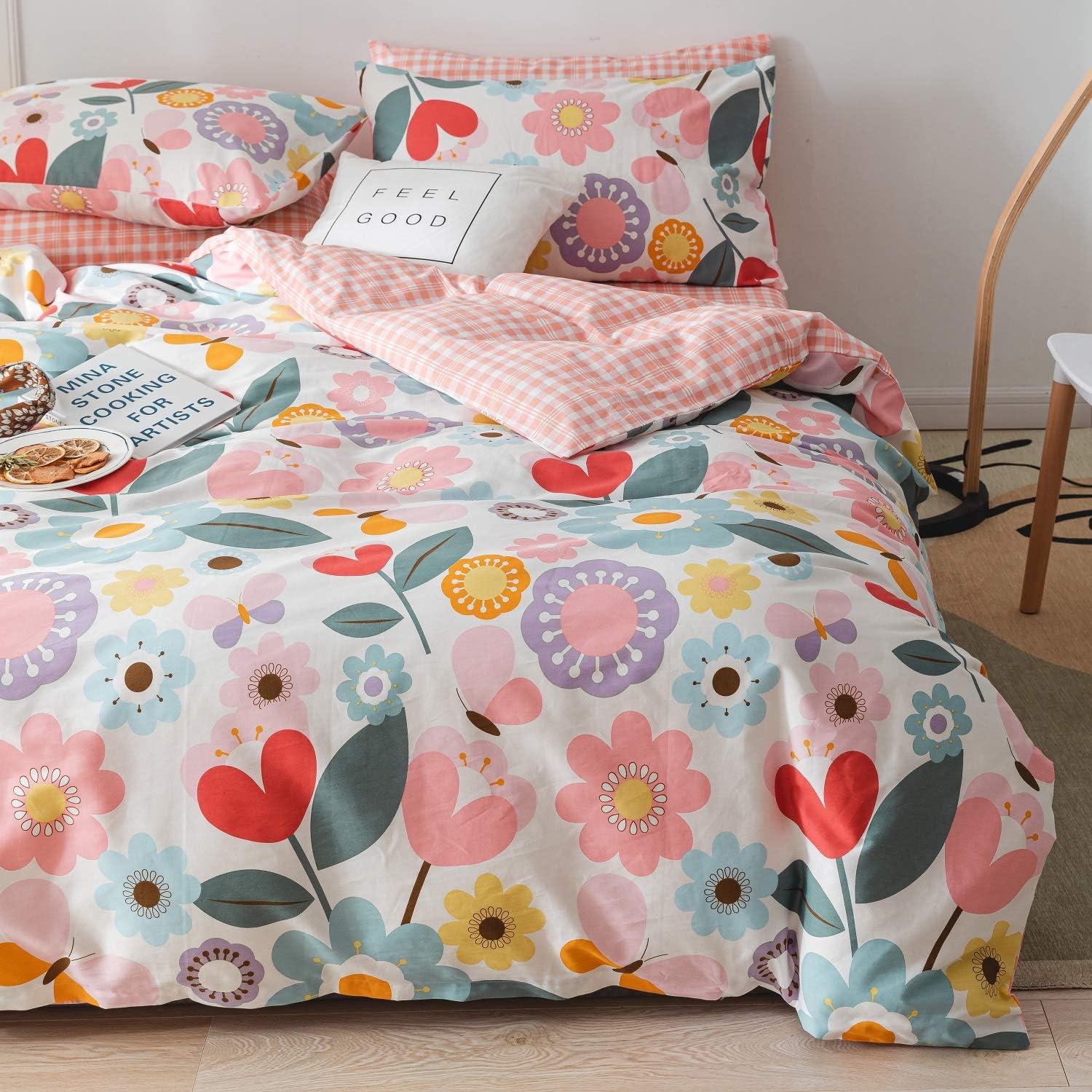 100% Cotton 3 Piece Floral Duvet Cover Set - Fresh Garden Style Flowers, Zipper Closure, Queen Size