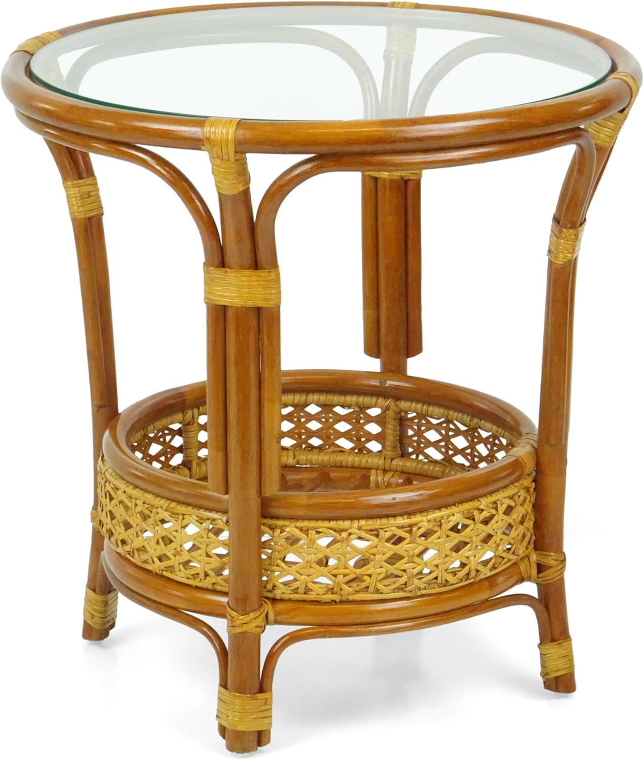 SK New Interiors Pelangi Coffee Round Table Natural Rattan Wicker with Glass Top Handmade, Colonial