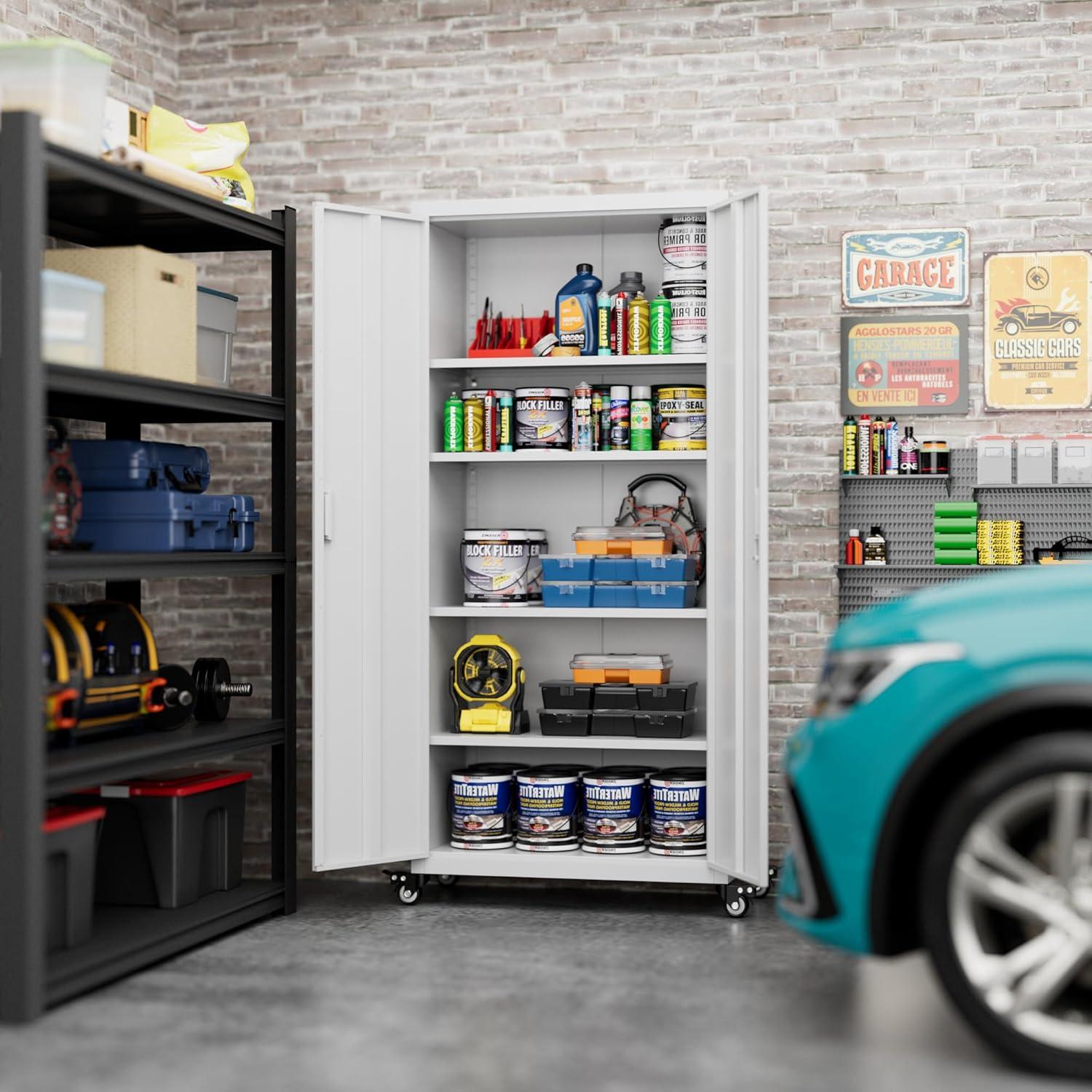 Aobabo Metal Storage Cabinet with Wheels & Pegboards,Office Storage Cabinet with Lock & Shelves,72'' H Steel Garage Cabinet for Office Home Storage,White Required-Assembly