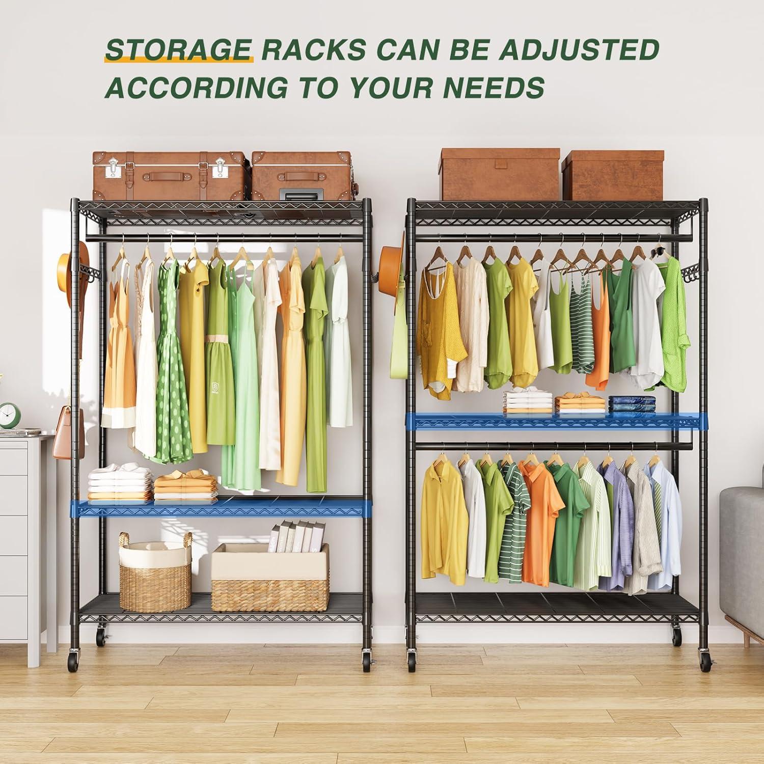 LEHOM G1L 3 Tiers Garment Rack with Storage Shelves, Heavy Duty Rolling Free-Standing Clothing Rack Closet Organizer with Double Rods/Lockable Wheels & 2 Pairs Side Hooks, Max Load 450 LBS, Black