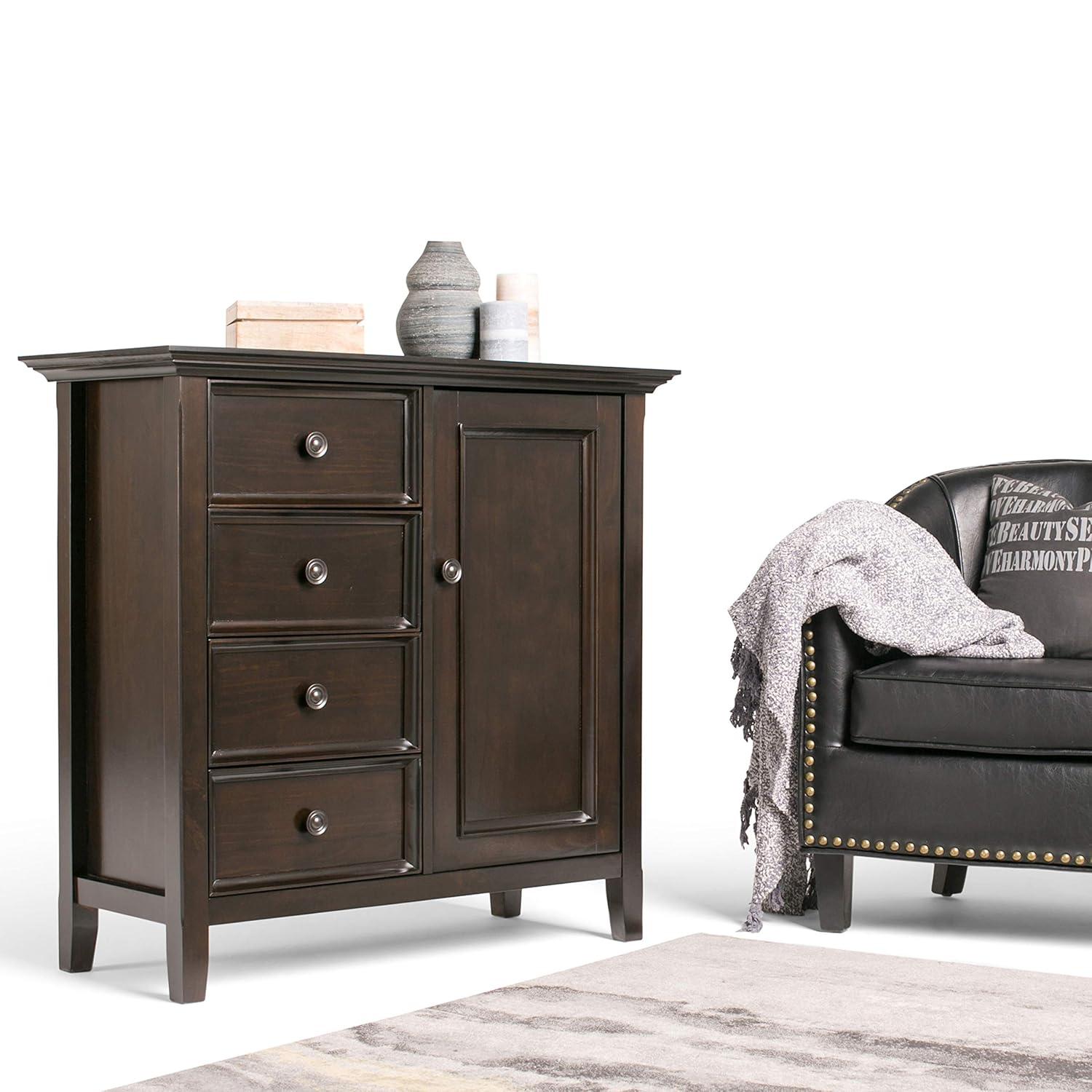 Simpli Home Amherst 32"W Solid Wood 2-Shelf Low Storage Cabinet with Adjustable Shelves and Tapered Legs