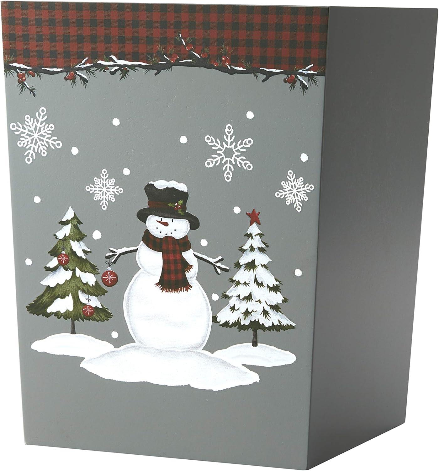 Festive Red and Gray Wooden Winter Wastebasket