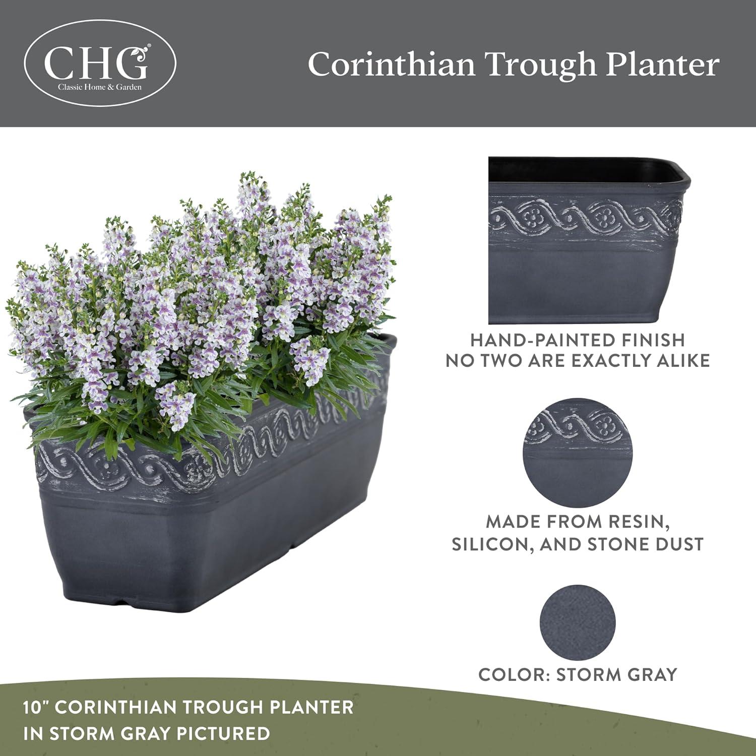 Classic Home and Garden Corinthian Rectangular Planter Box w/Drain Plug - Small Succulent Pots - Shallow Trough Planter for Indoor/Outdoor (10” Storm Gray, Pack of 3)