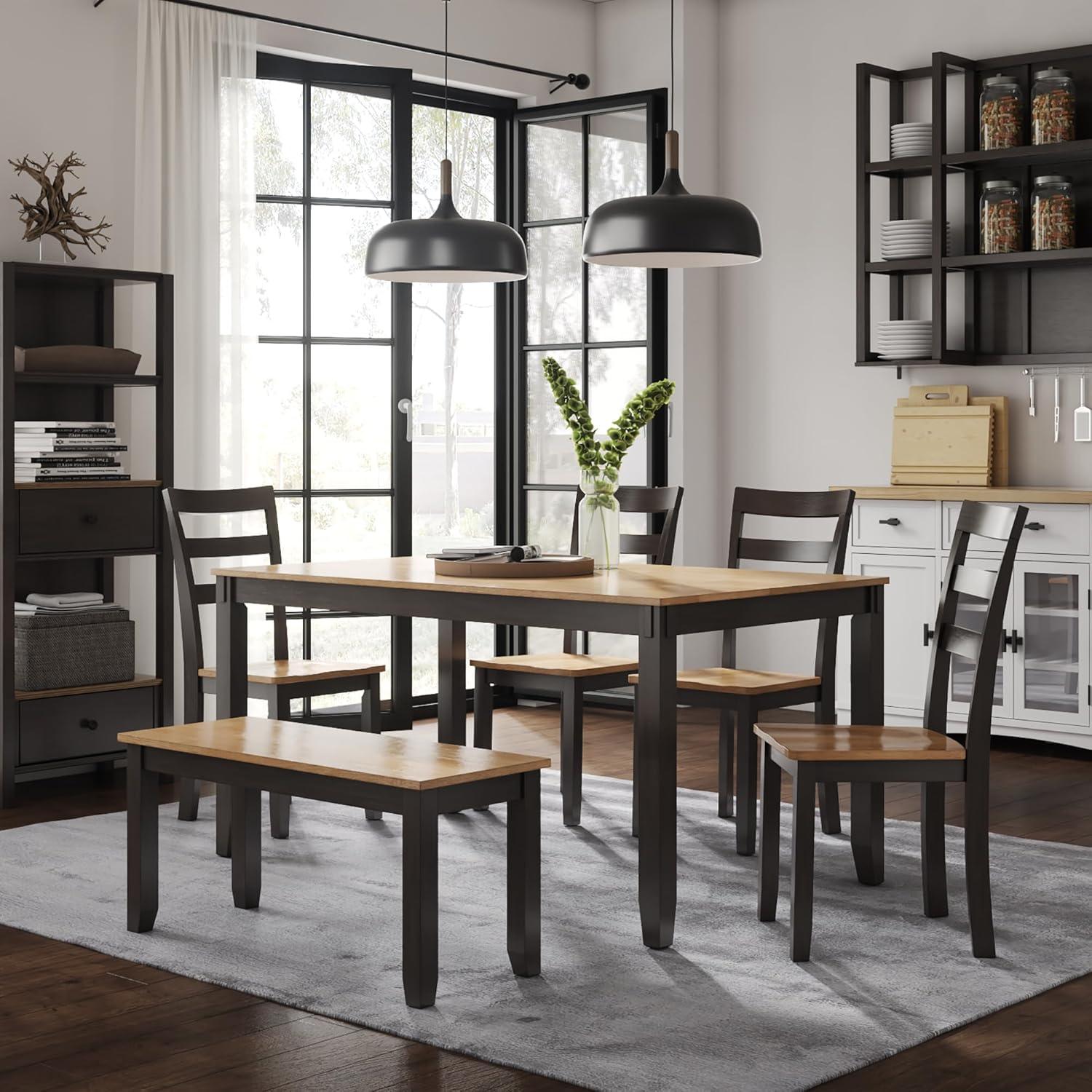 Transitional Light and Dark Brown Rectangular Dining Table Set with Bench