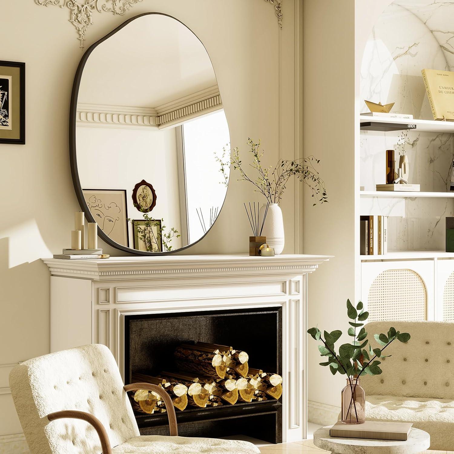 HARRITPURE Irregular Wall Mirror 26"x38" Black Asymmetrical Bathroom Mirror Wood Framed Modern Decorative Vanity Mirrors for Bedroom Living Room Entryway