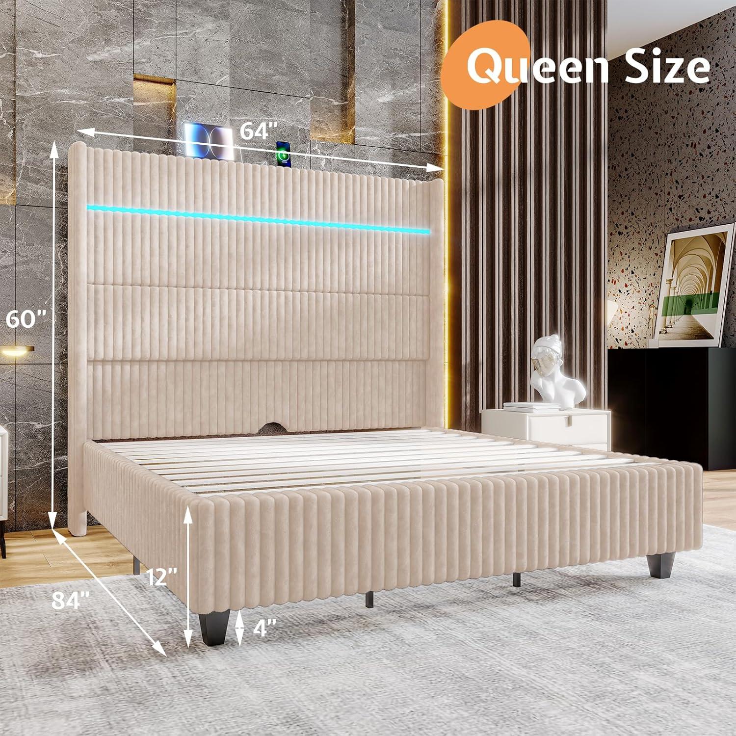 Ivy Bronx LED Bed Frame, Corduroy Upholstered Platform with 60" Tall Headboard & Charging Station