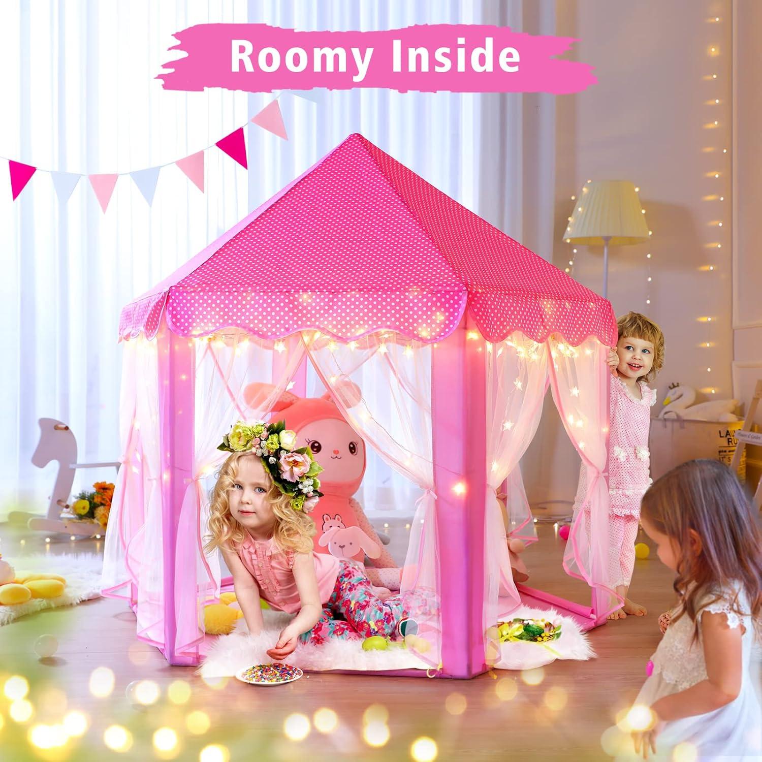 Princess Playhouse Play Tent with LED Lights, Large Collapsible Indoor / Outdoor Kids Teepee with Carrying Bag