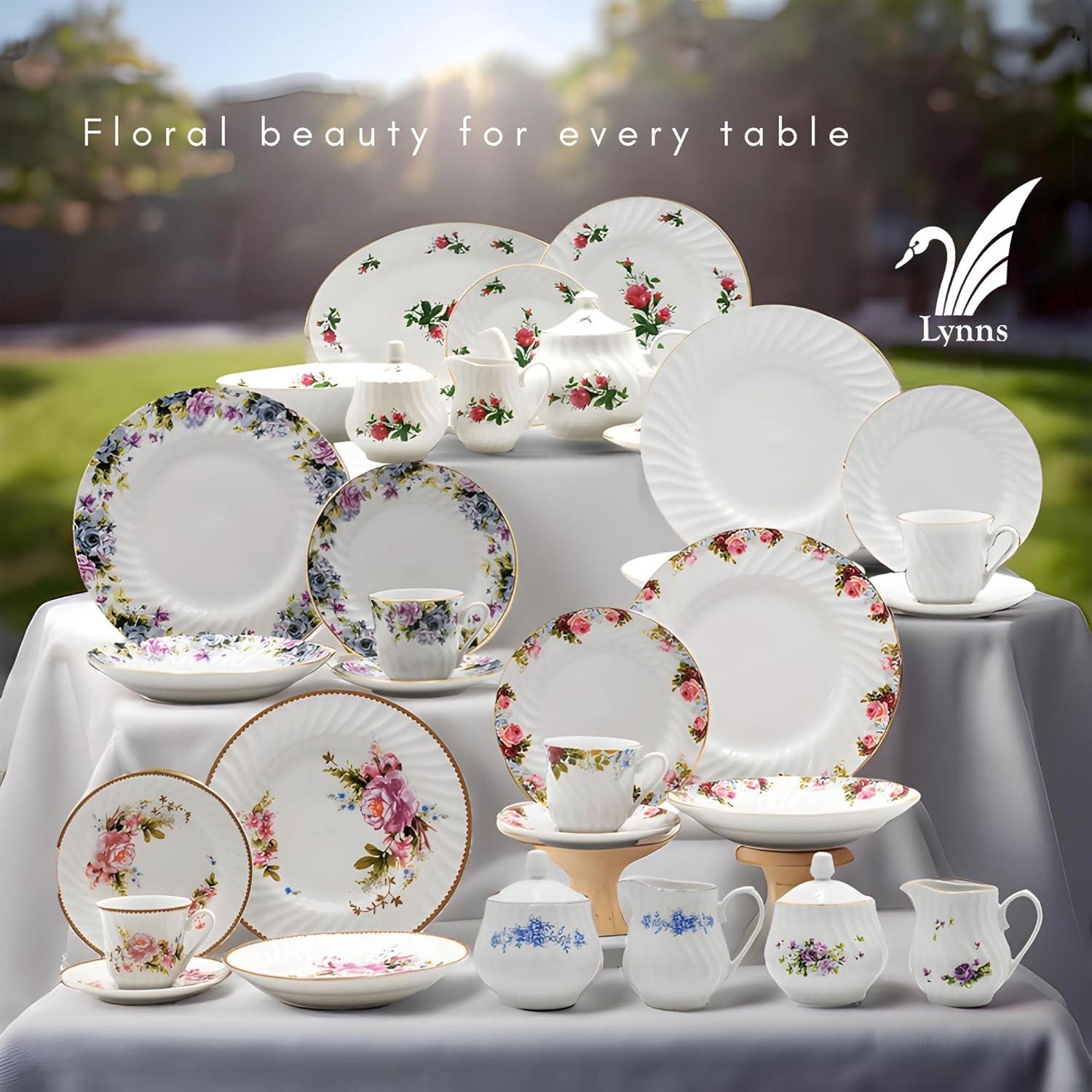 Lynns Paradise Timeless Rose Floral 45-Piece Dinnerware Set, Service for 8, Pink; 24K Gold Trim, Embossed Swirl, Colorful Floral Print, Porcelain