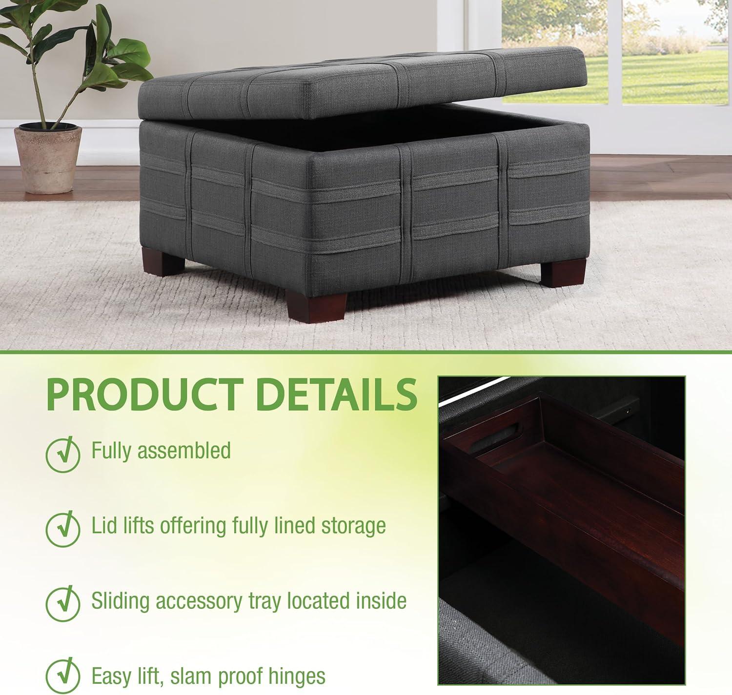 Detour Strap Square Storage Ottoman in Charcoal Fabric