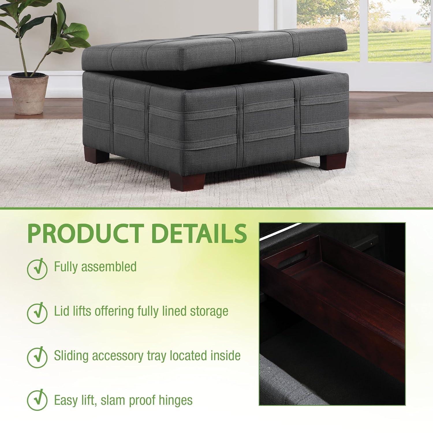 Detour Strap Square Storage Ottoman in Charcoal Fabric