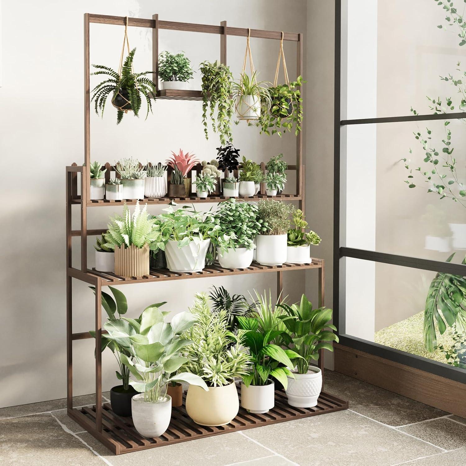 Natural Bamboo 3-Tier Hanging Plant Stand with Shelves
