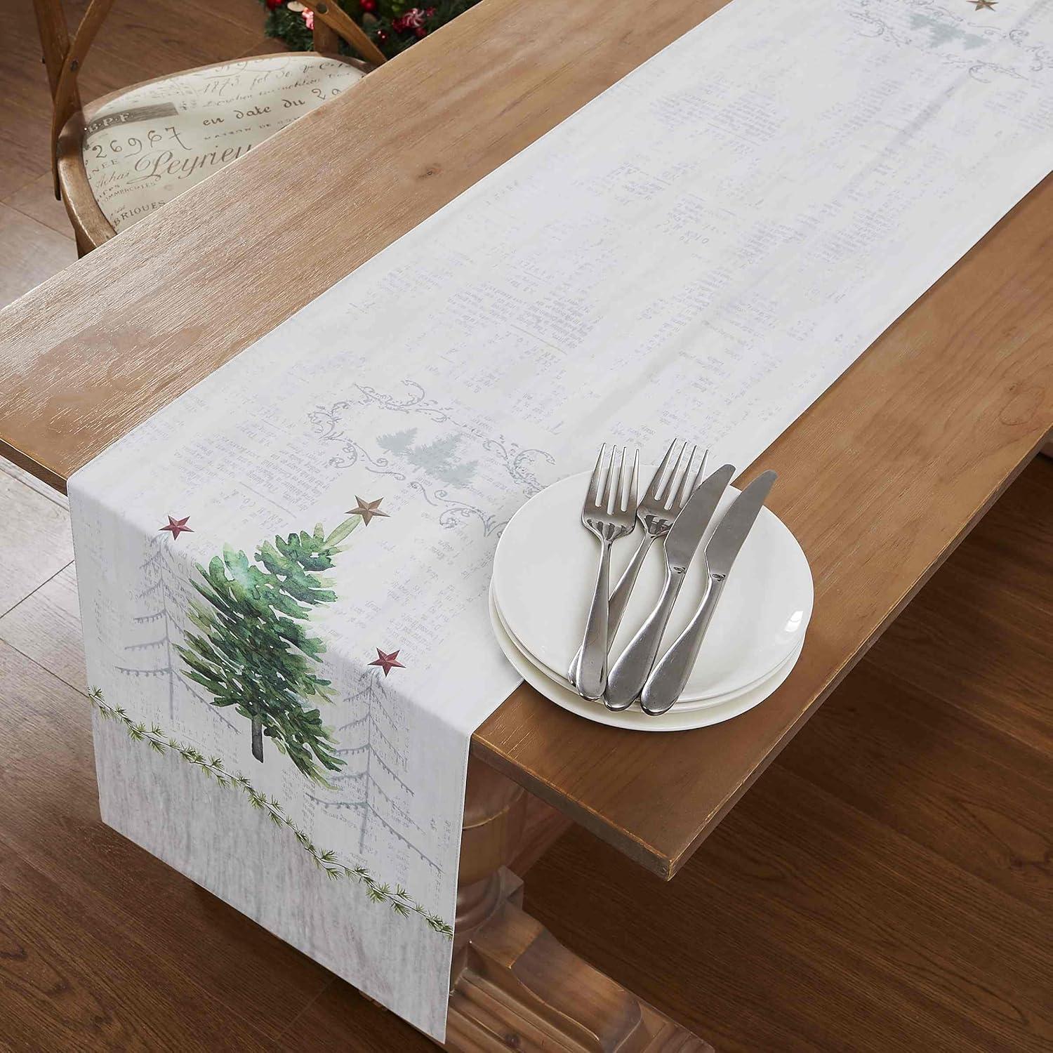 Festive Off-White and Green Polyester Christmas Table Runner