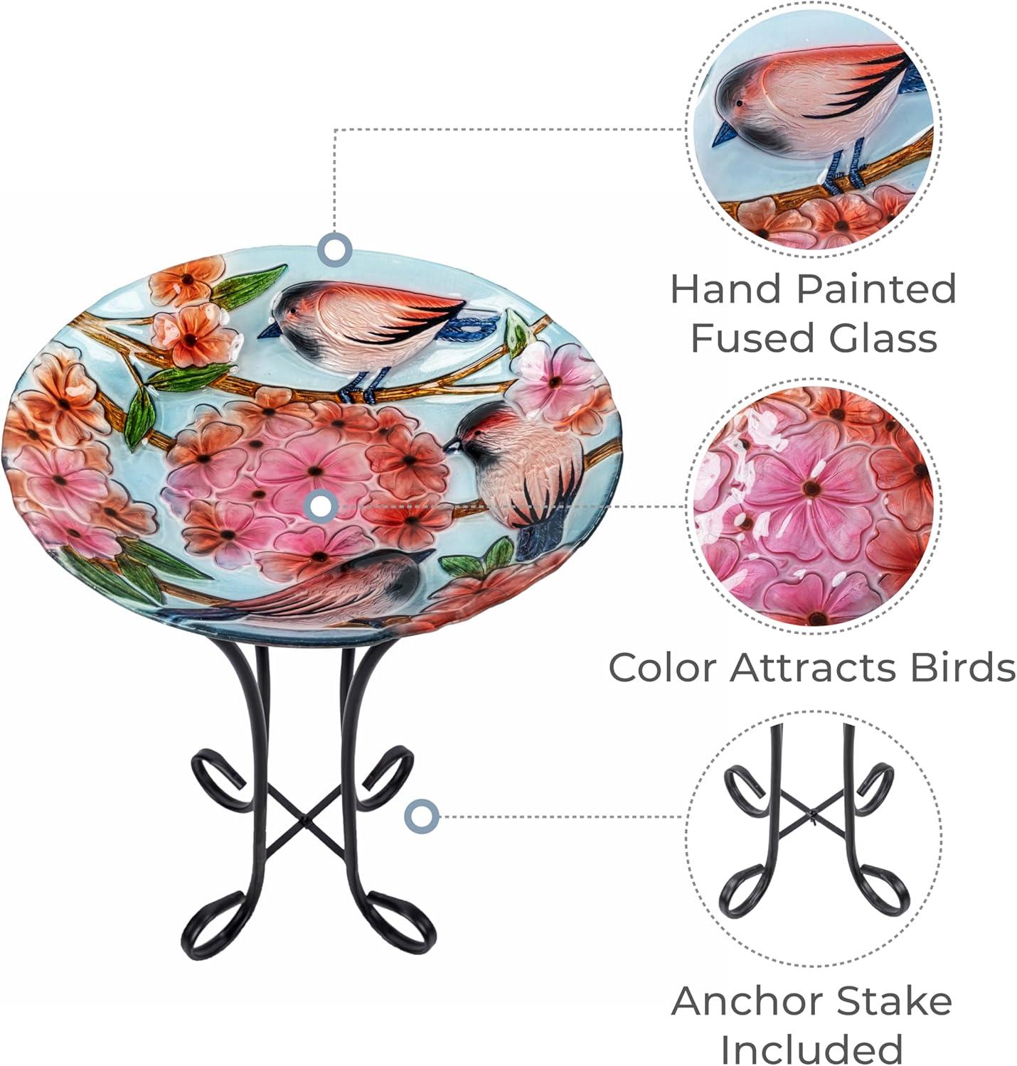 Teamson Home 17.8" Fusion Glass Bird Design Birdbath with Metal Stand, Multi