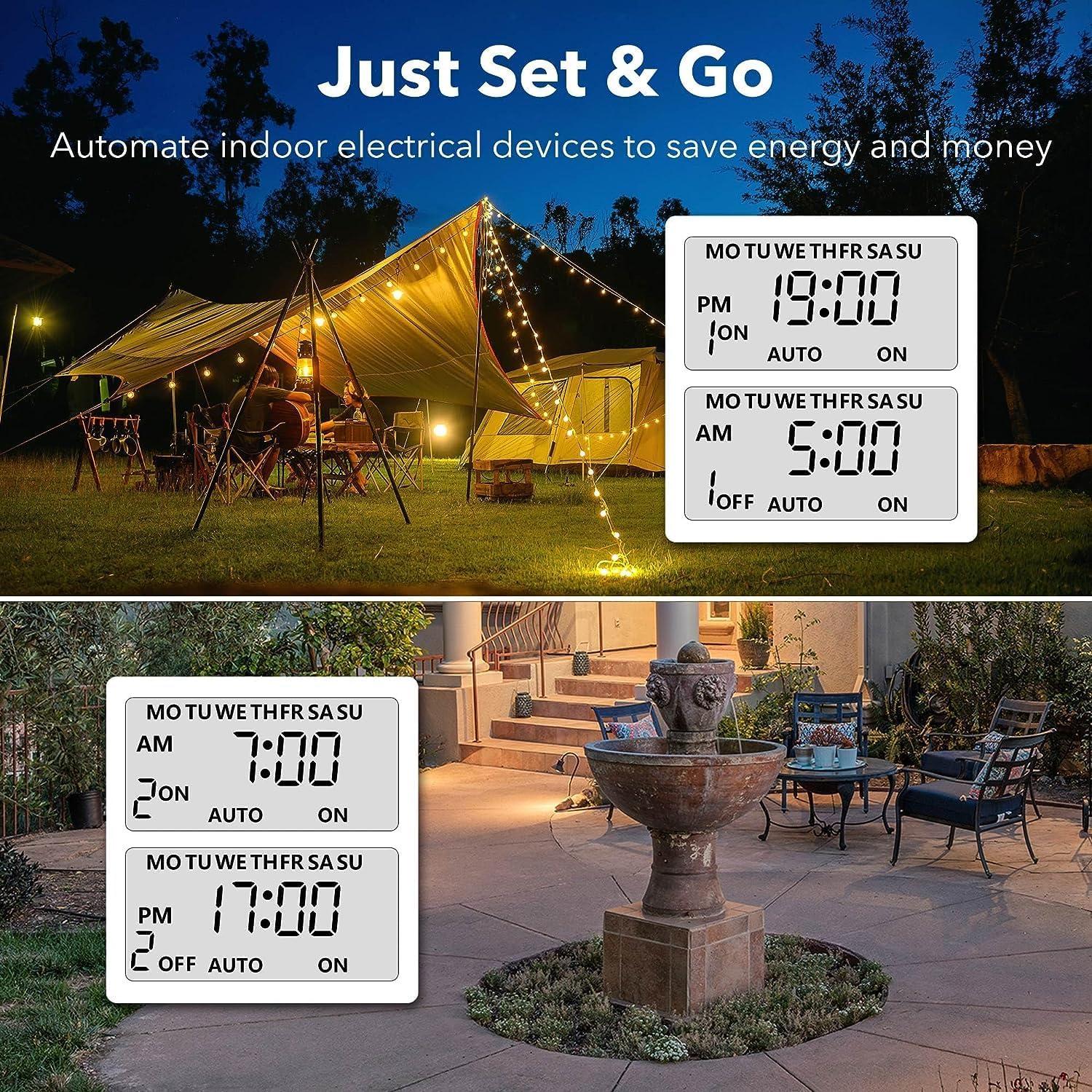 BN-LINK 7 Day Outdoor Heavy Duty Digital Programmable Timer, Outdoor Timer Outlet Waterproof, Grounded Electrical Outlets for Christmas Lights Lamps Ponds, 1875W 1/2HP, ETL Listed