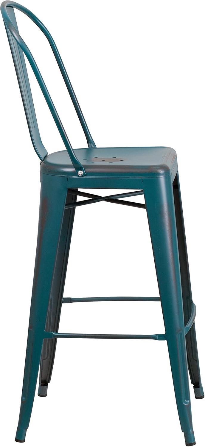 Flash Furniture Commercial Grade 30" High Distressed Kelly Blue-Teal Metal Indoor-Outdoor Barstool with Back