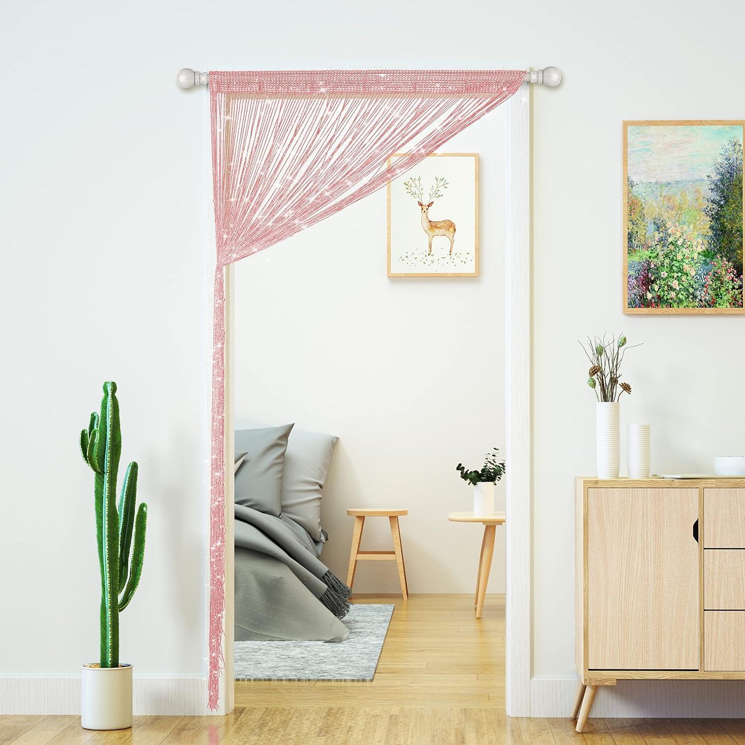 2 PcsString Curtains for Doorways Glitter Beaded Curtains Door Sparkle Beads Curtain Open Closet Laundry Hanging Hippie Glisten Beads Window Girls Panel (Light Pink, 39"×79" in)