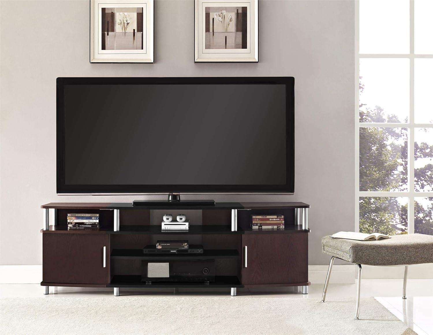 Ameriwood Home Carson TV Stand fits up to 70" with Multiple Open Shelves, Cherry and Black