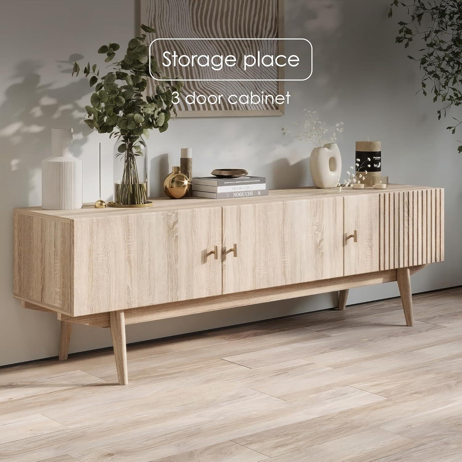 Living Skog  Chelsea Brown TV Stand Fits for TV's up to 65 in. with Slatted Design and Wood Legs Beige Matte Laminate, MDF