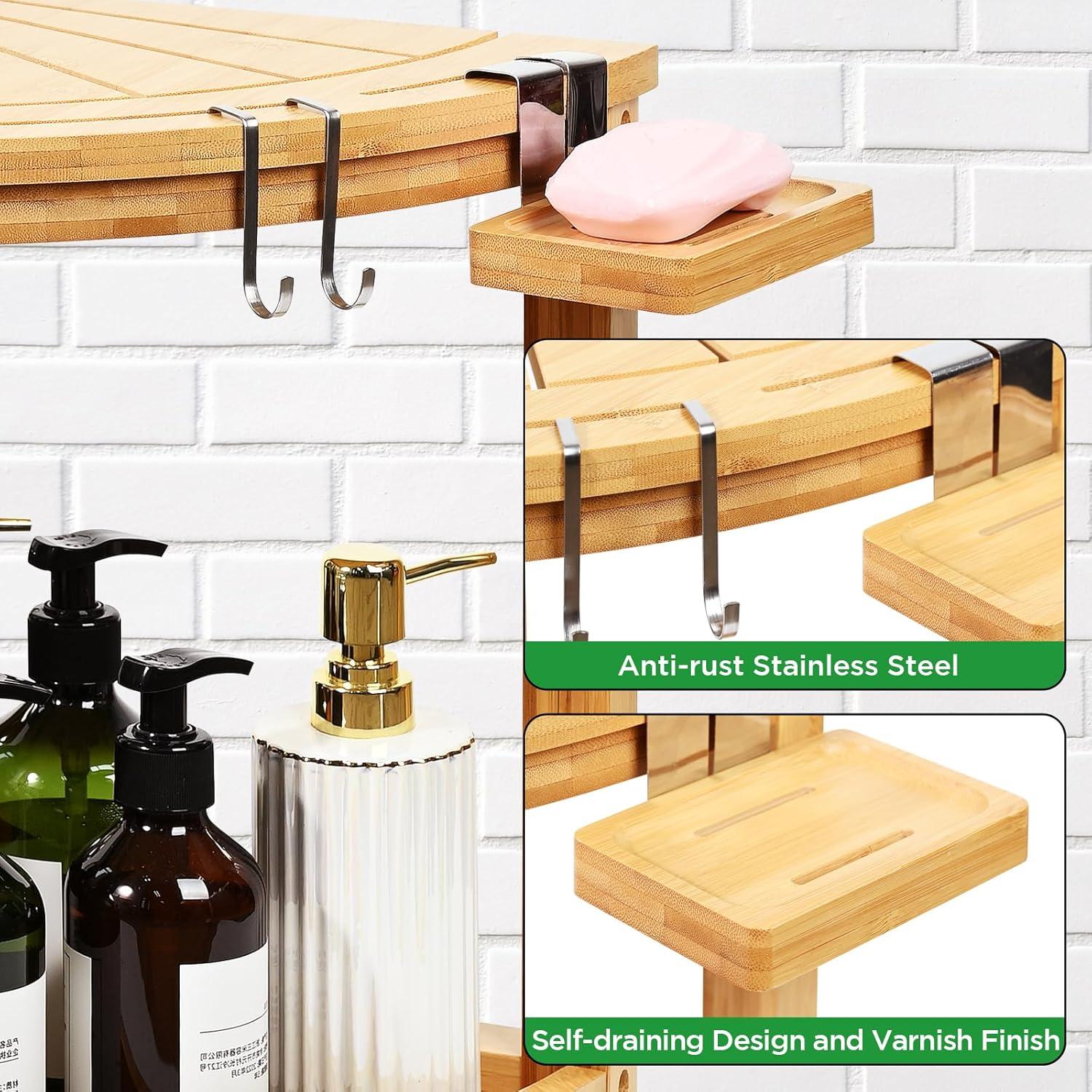Ollieroo 2-Tier Bamboo Corner Shower Stool for Shaving Legs, Waterproof Bench with Storage Shelf and Soap Dish, Non-Slip Foot Rest (Natural)