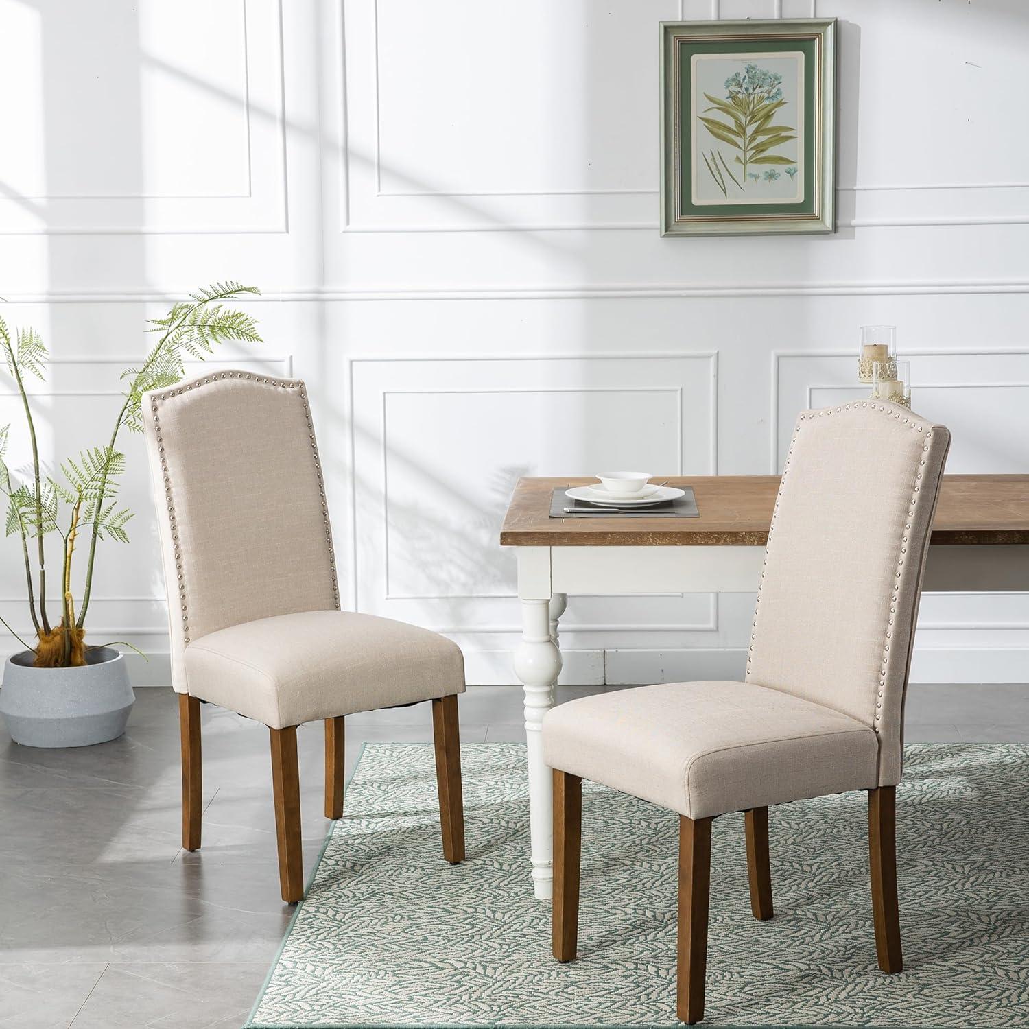 wOod-it Elegant Upholstered Leather Dining Chair with Parsons Nailhead Trim and Wood Legs for Living Room Fine Dining Restaurant,Cream（2PCS）