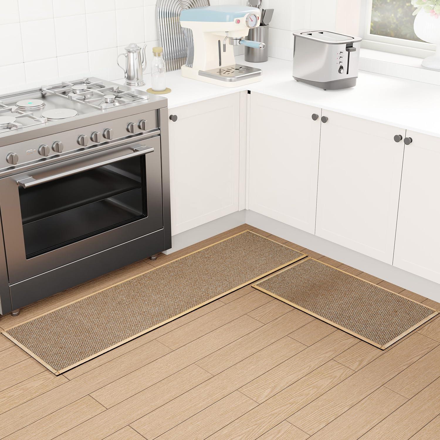 Kitchen Mat Set of 2 PCS, Cushioned Non Slip Rugs for Kitchen Floor, Absorbent Runner Comfort Standing Mats Washable for Kitchen, Office, Home (Brown, 17.3"x47"+17.3"x30")