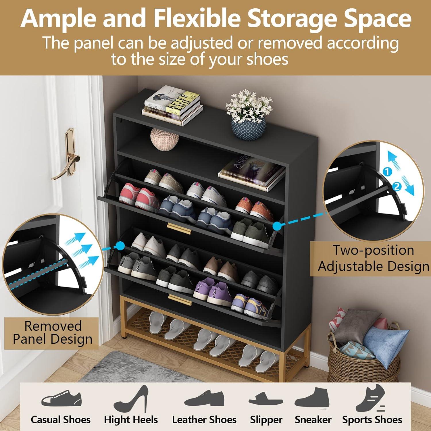 Shoe Cabinet with 2 Flip Drawers, Free Standing Tipping Bucket Shoe Rack Organizer with Adjustable Shelf, Shoe Storage Cabinet