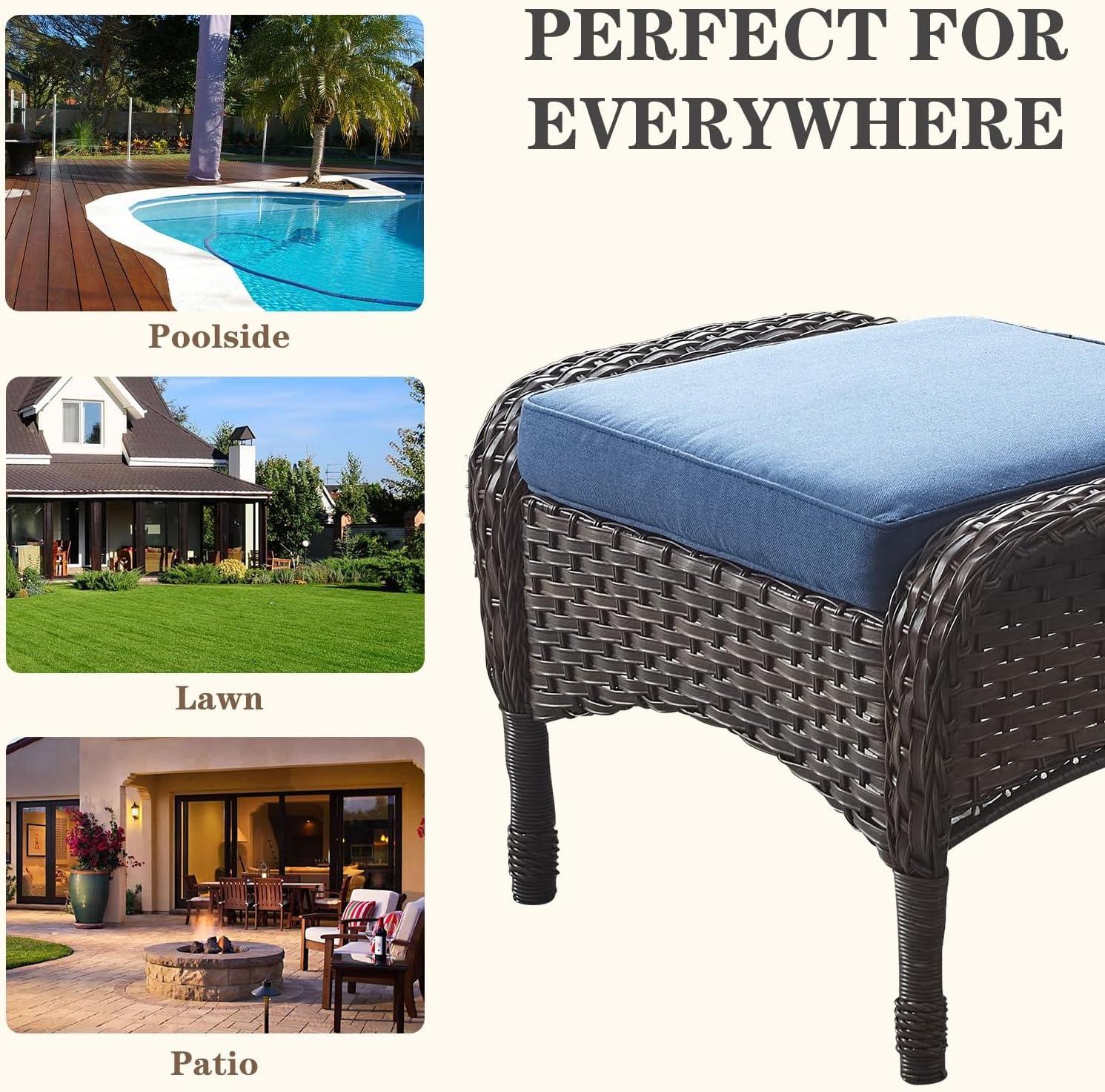 Flat Armrest Series Brown Wicker Outdoor Patio Ottoman with CushionGuard Blue Cushions (2-Pack)