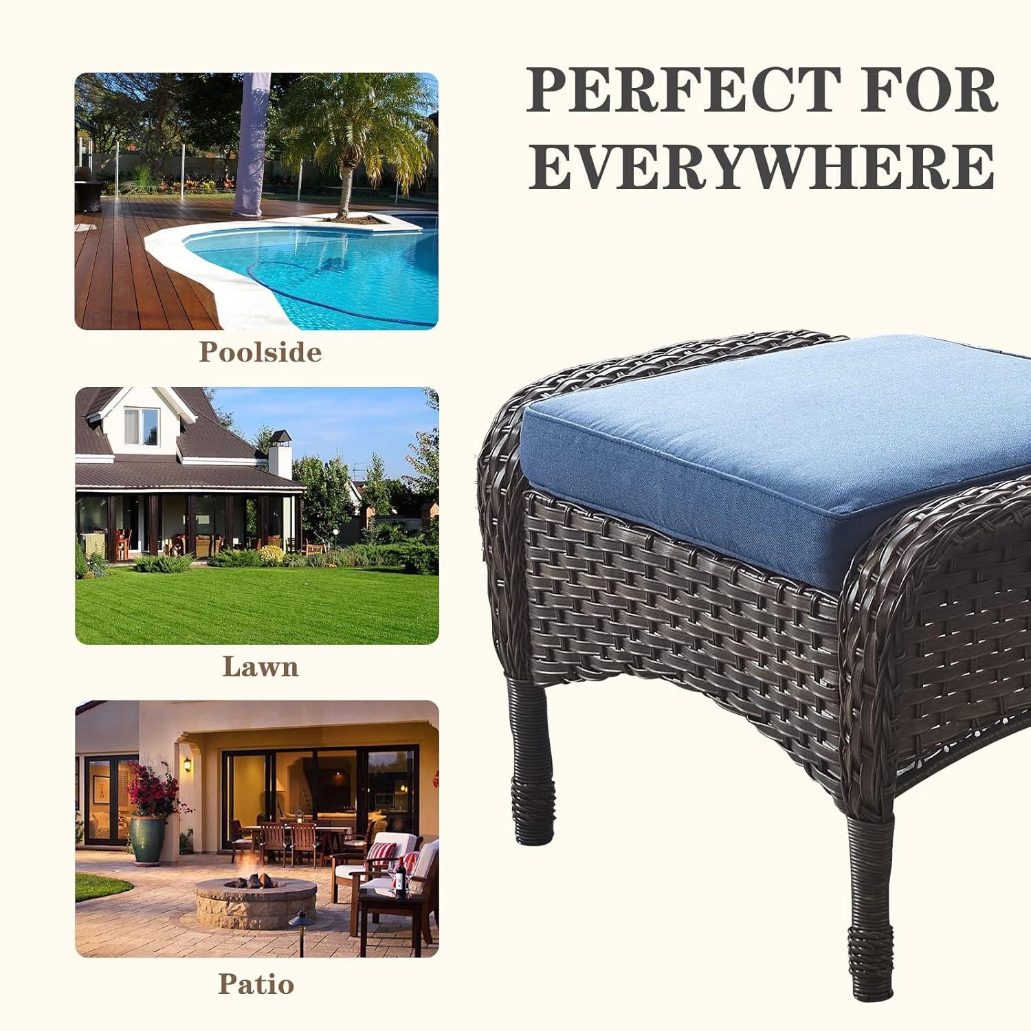 Flat Armrest Series Brown Wicker Outdoor Patio Ottoman with CushionGuard Blue Cushions (2-Pack)