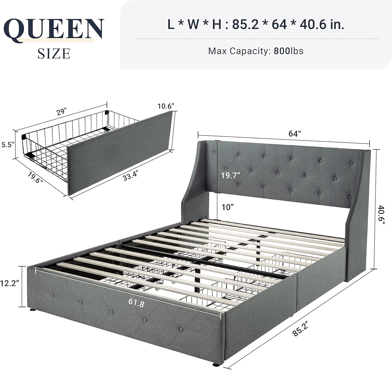 Allewie Queen Size Bed Frame with 4 Storage Drawers and Button Tufted & Wingback Headboard, Light Grey