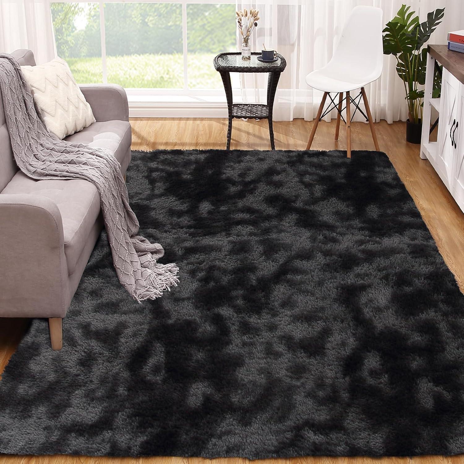 6' x 9' Black and Grey Abstract Shag Rug