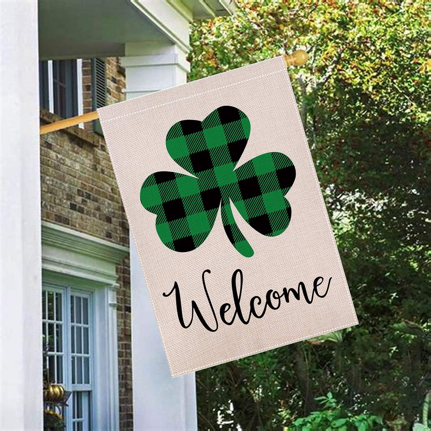 Shamrocks St. Patrick's Day Burlap House Flag Welcome 28" x 40" Briarwood Lane