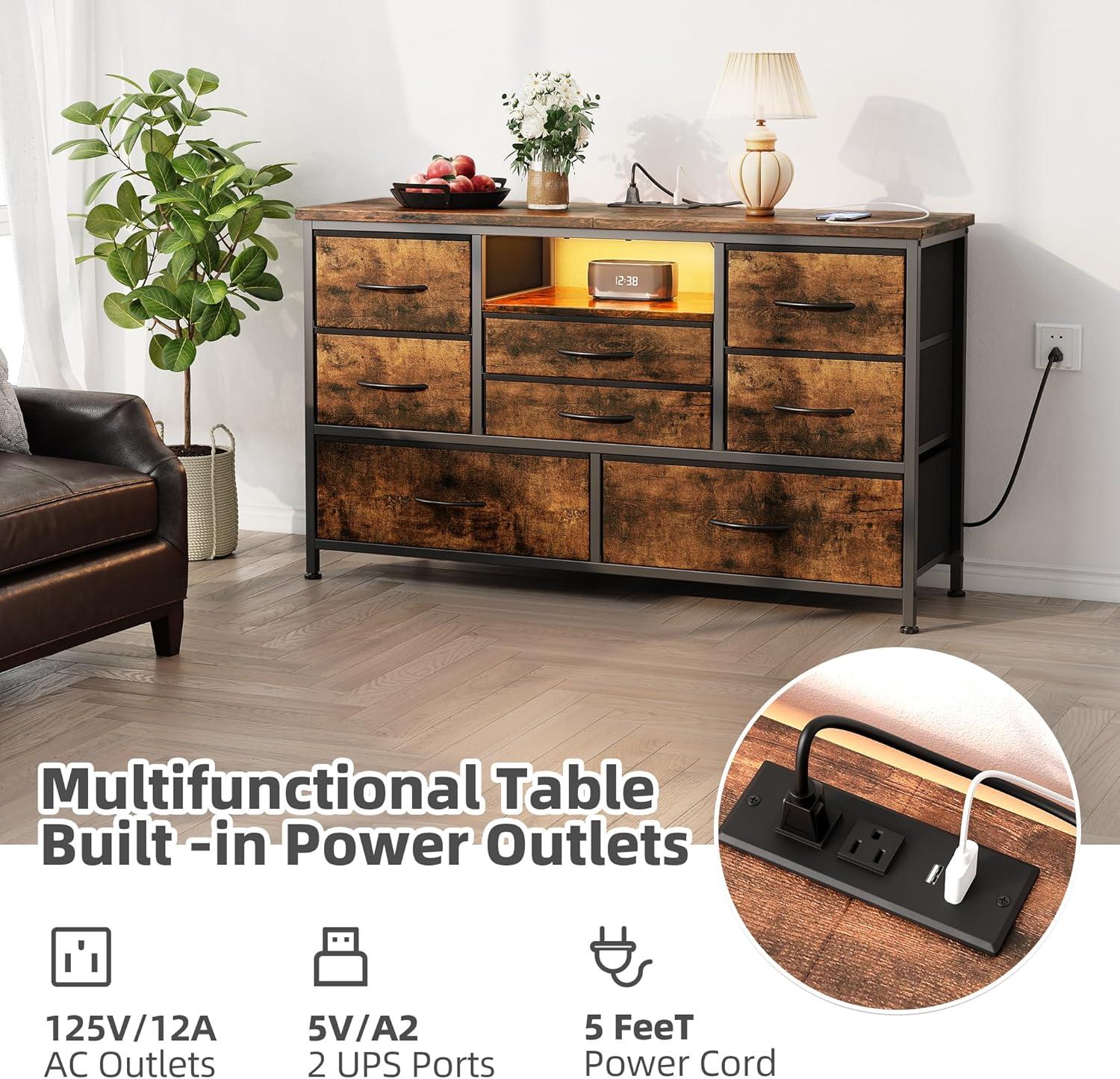 INDSUMOT 8 Dresser TV Stand with Power Outlet & LED for 55'' TV, Long Dresser for Bedroom with 8 Deep Drawers, Wide Console Table for Storage in Closet, Living Room, Entryway, Wood Top(Rustic Brown)