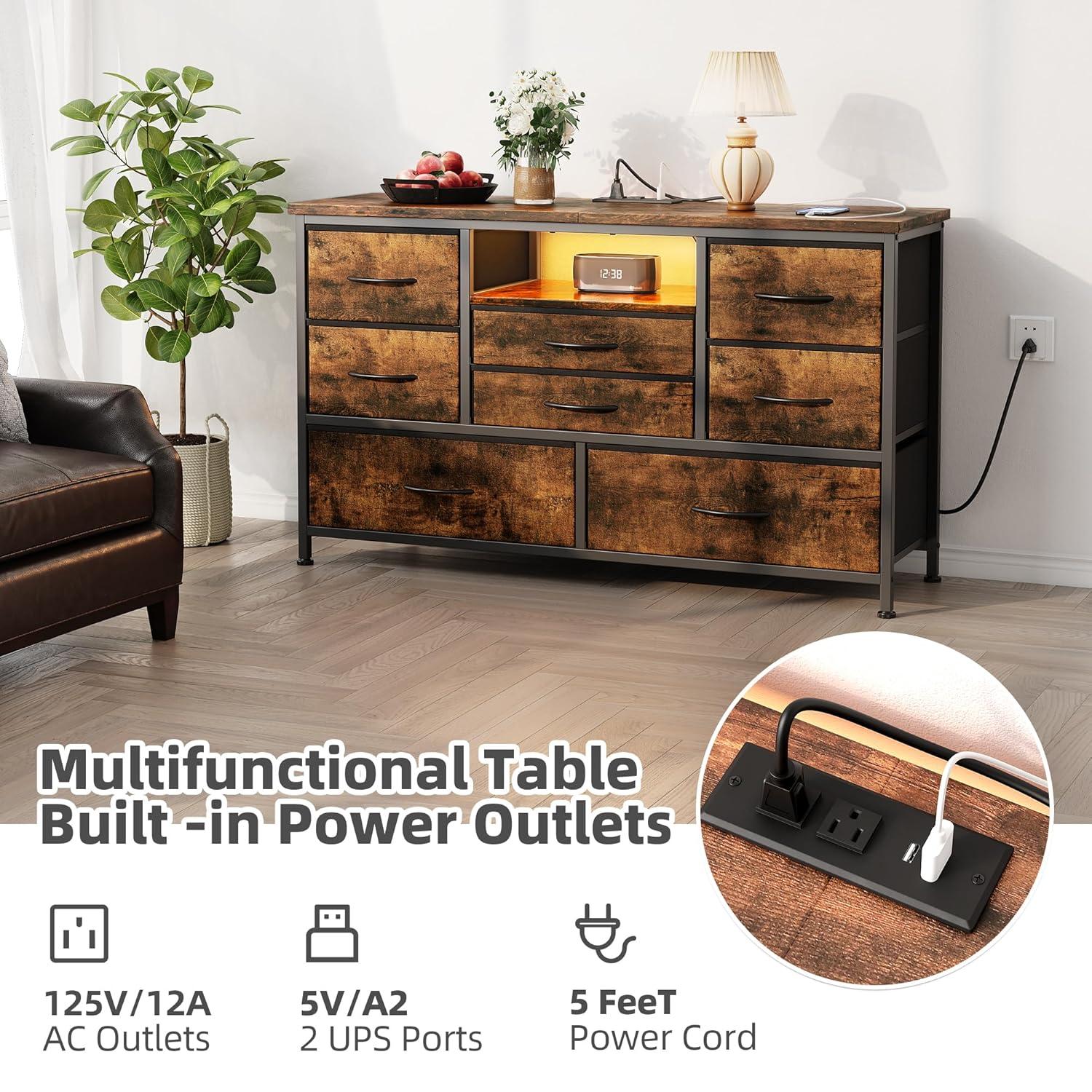 INDSUMOT 8 Dresser TV Stand with Power Outlet & LED for 55'' TV, Long Dresser for Bedroom with 8 Deep Drawers, Wide Console Table for Storage in Closet, Living Room, Entryway, Wood Top(Rustic Brown)
