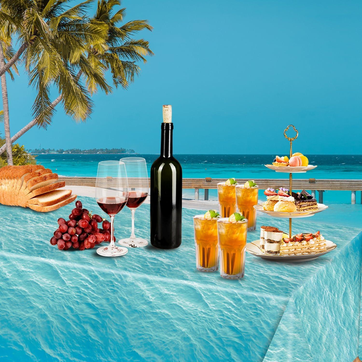 3-Piece 54 x 108 Inch Ocean Wave Plastic Tablecloth - Realistic Water Design, Disposable Rectangle Table Cover for Dining, Picnic, Beach Party, Sea Theme, Pool Party, Summer Indoor Outdoor Decoration