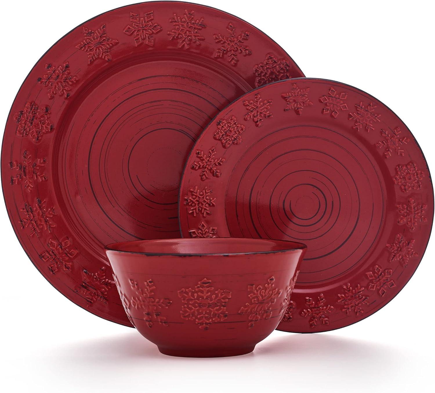 Pfaltzgraff Trellis Snowflakes 12 Piece Stoneware Dinnerware Set Red