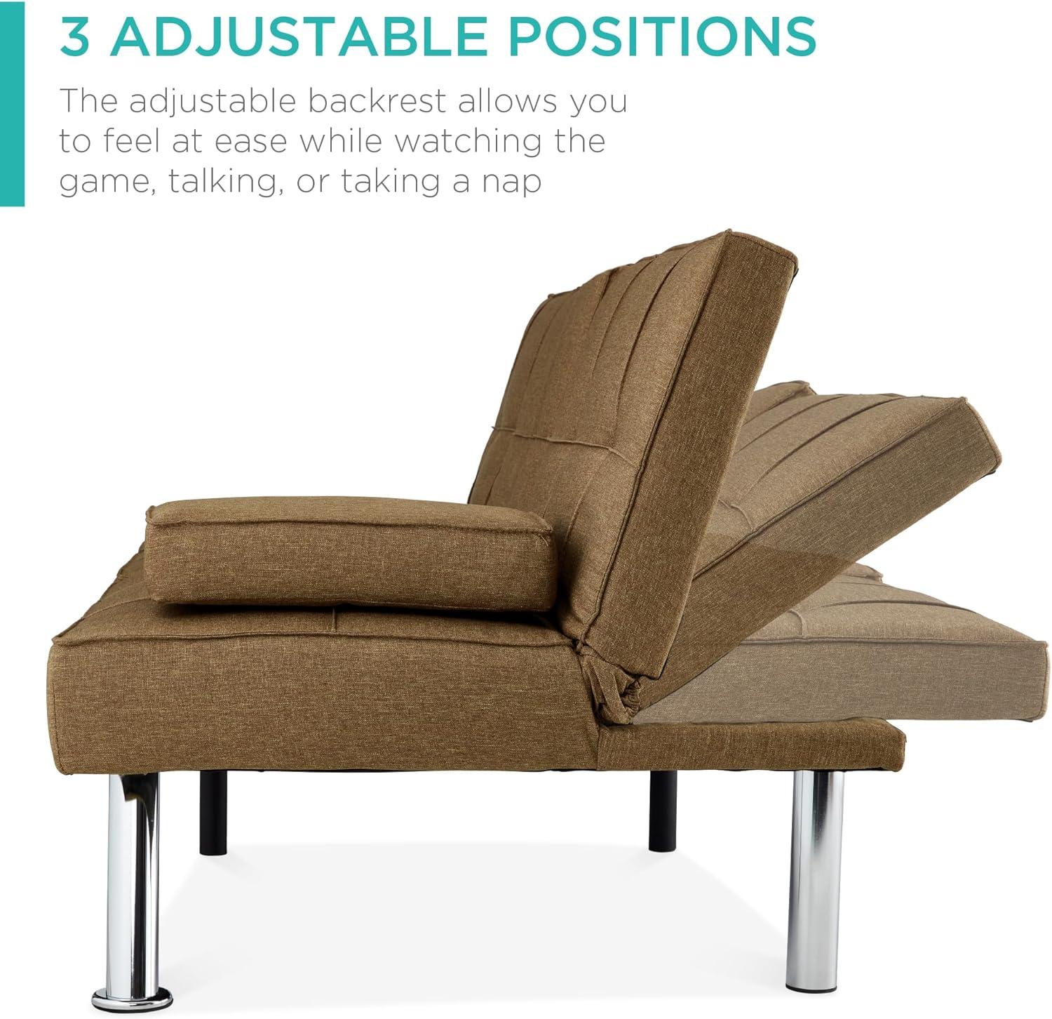 Best Choice Products Modern Linen Convertible Futon Sofa Bed w/ Removable Armrests, Metal Legs, Cupholders - Brown