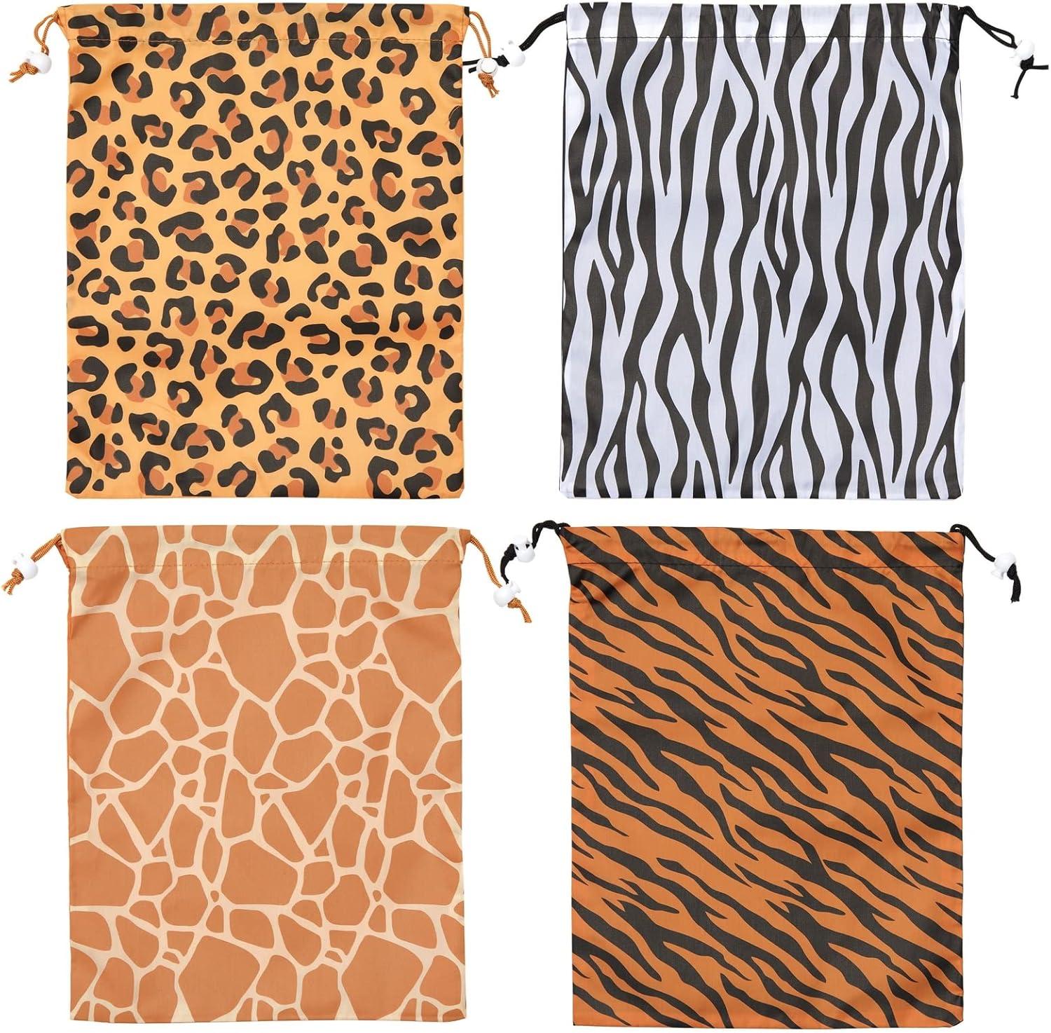 12 Pack Animal Print Drawstring Gift Bags for Jungle Safari Birthday Party, Baby Shower Favors, Goodies, Candy Treats (4 Designs, 10 x 12 In)